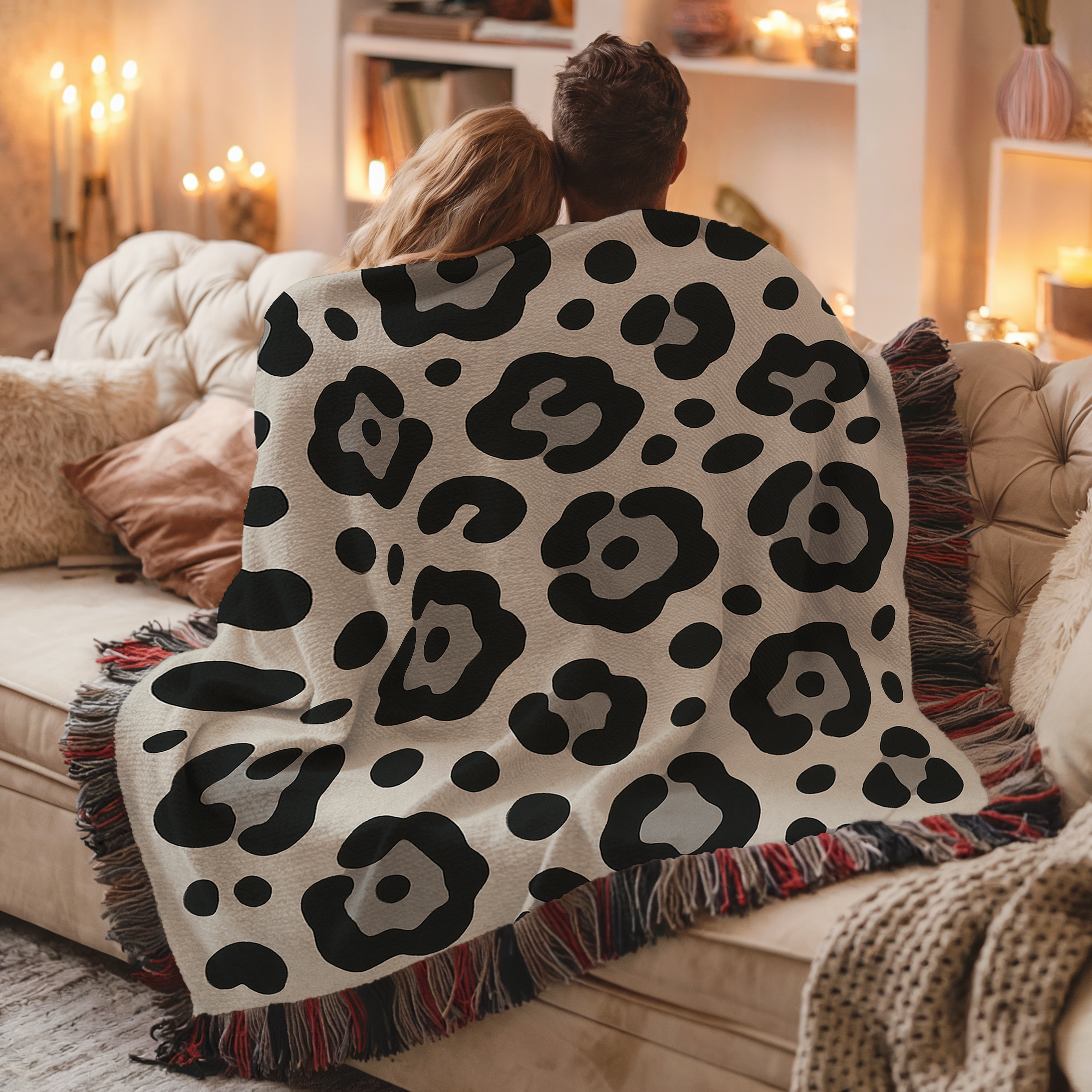 Snow Leopard Woven Blanket with Fringe | Cotton Animal-Print Throw for Couch & Bed, Cozy Boho Home Décor, Perfect Gift - Image 2 | Lily's Pad Studio