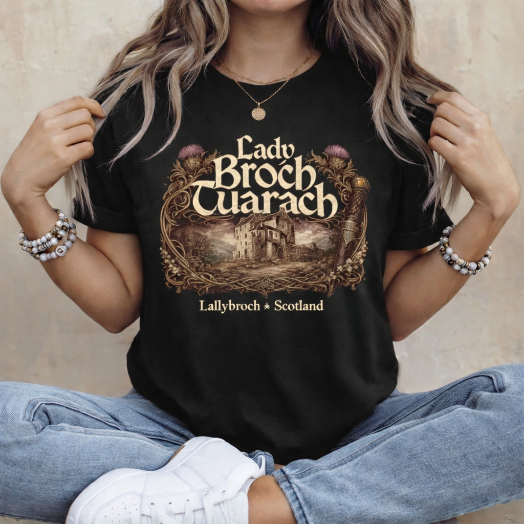Lady Broch Tuarach Scotland T-Shirt | Lallybroch vintage castle design - Image 1 | Lily's Pad Studio