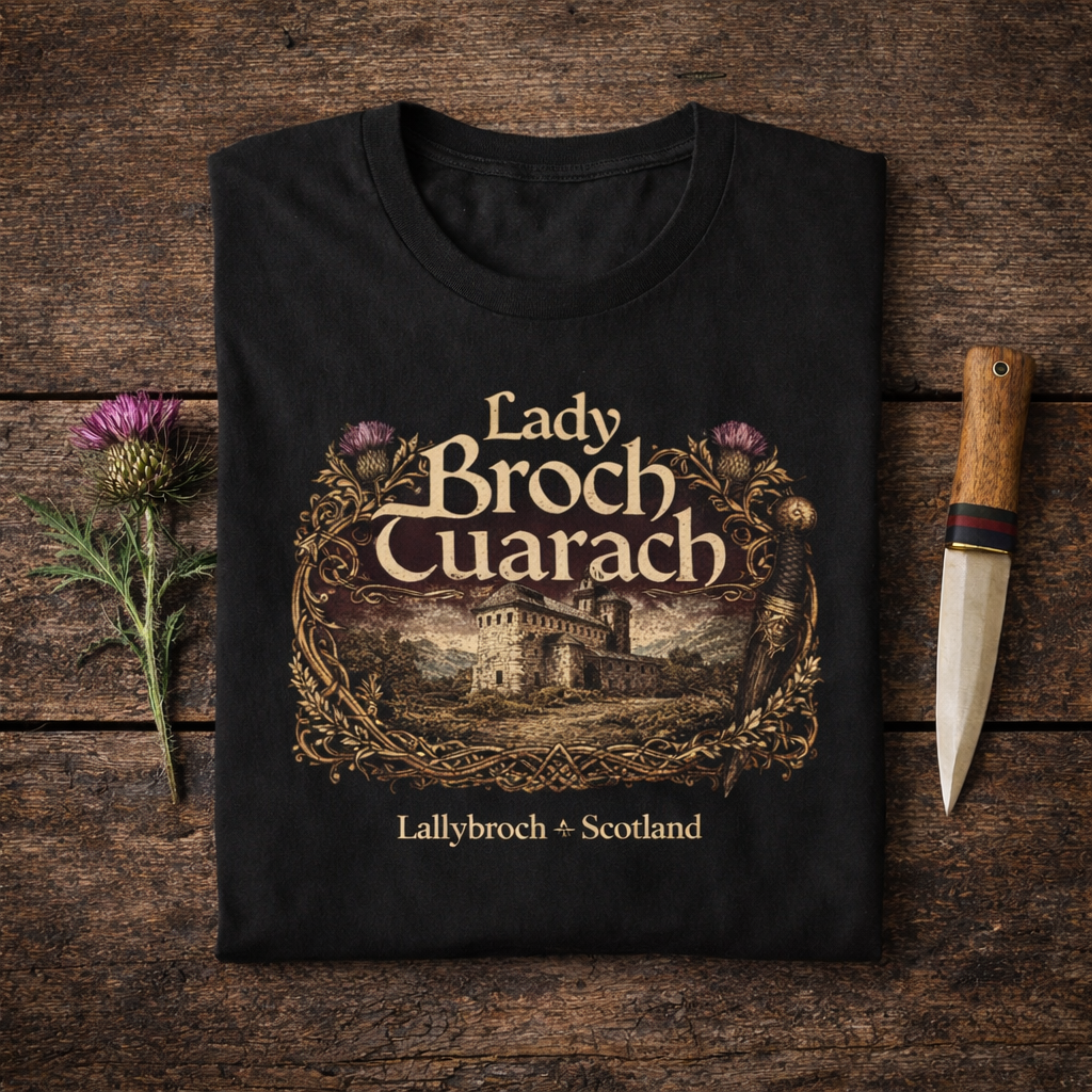 Lady Broch Tuarach Scotland T-Shirt | Lallybroch vintage castle design - Image 2 | Lily's Pad Studio