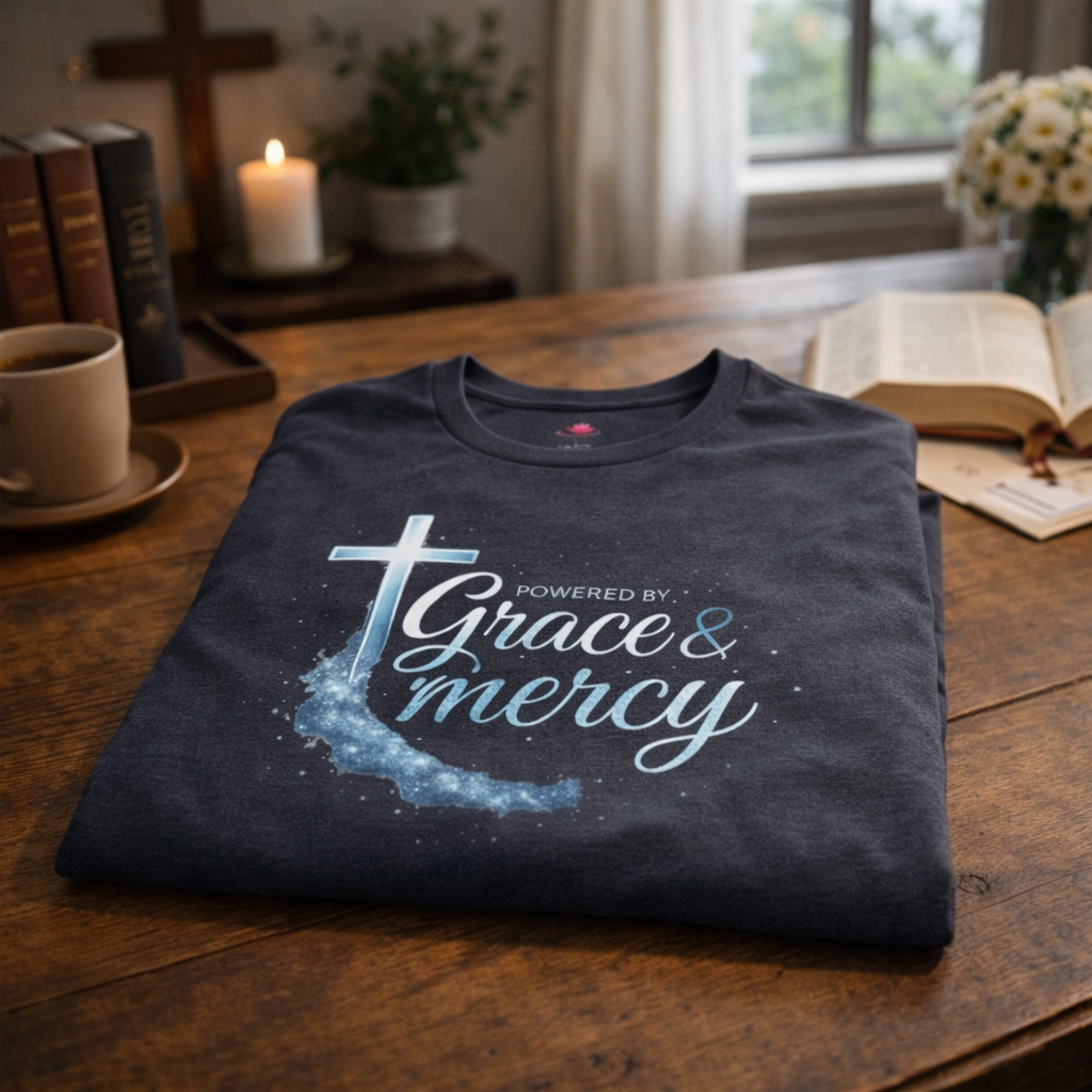 Powered By Grace & Mercy T-Shirt | Bible Tee - Image 3 | Lily's Pad Studio