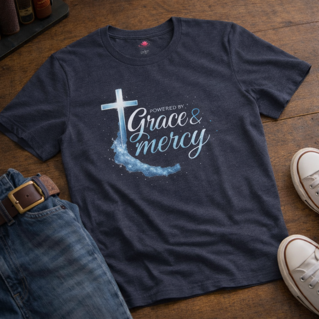 Powered By Grace & Mercy T-Shirt | Bible Tee - Image 4 | Lily's Pad Studio