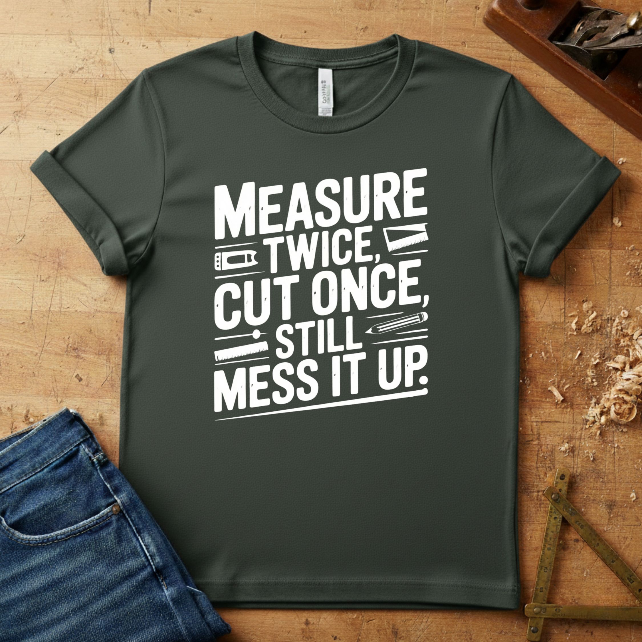 Measure Twice, Cut Once, Still Mess It Up – White Lettering, funny woodworking T-shirt