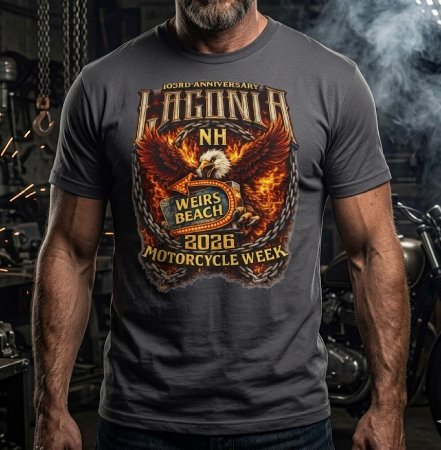 Weirs Beach Laconia NH Motorcycle Bike Week 2026 Tee | Eagle, Flaming Chain  color preview 2