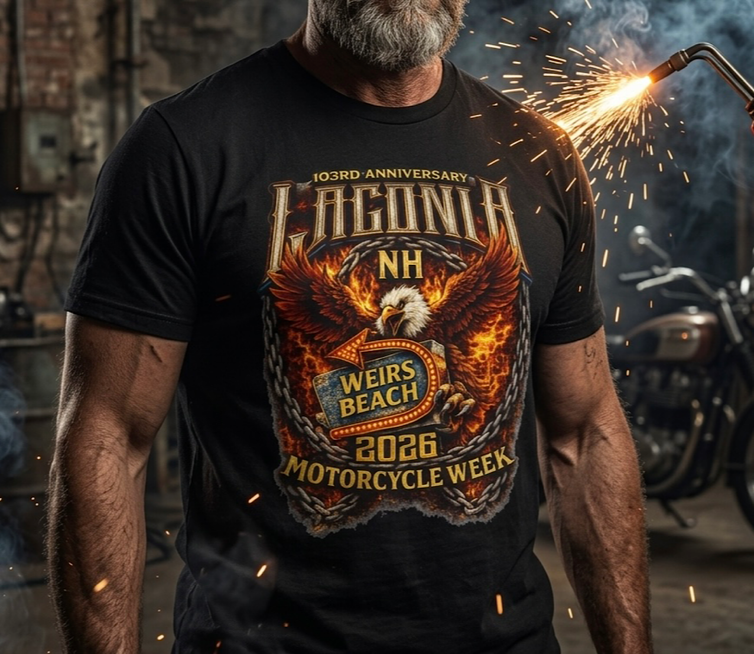 Weirs Beach Laconia NH Motorcycle Bike Week 2026 Tee | Eagle, Flaming Chain  color preview 3