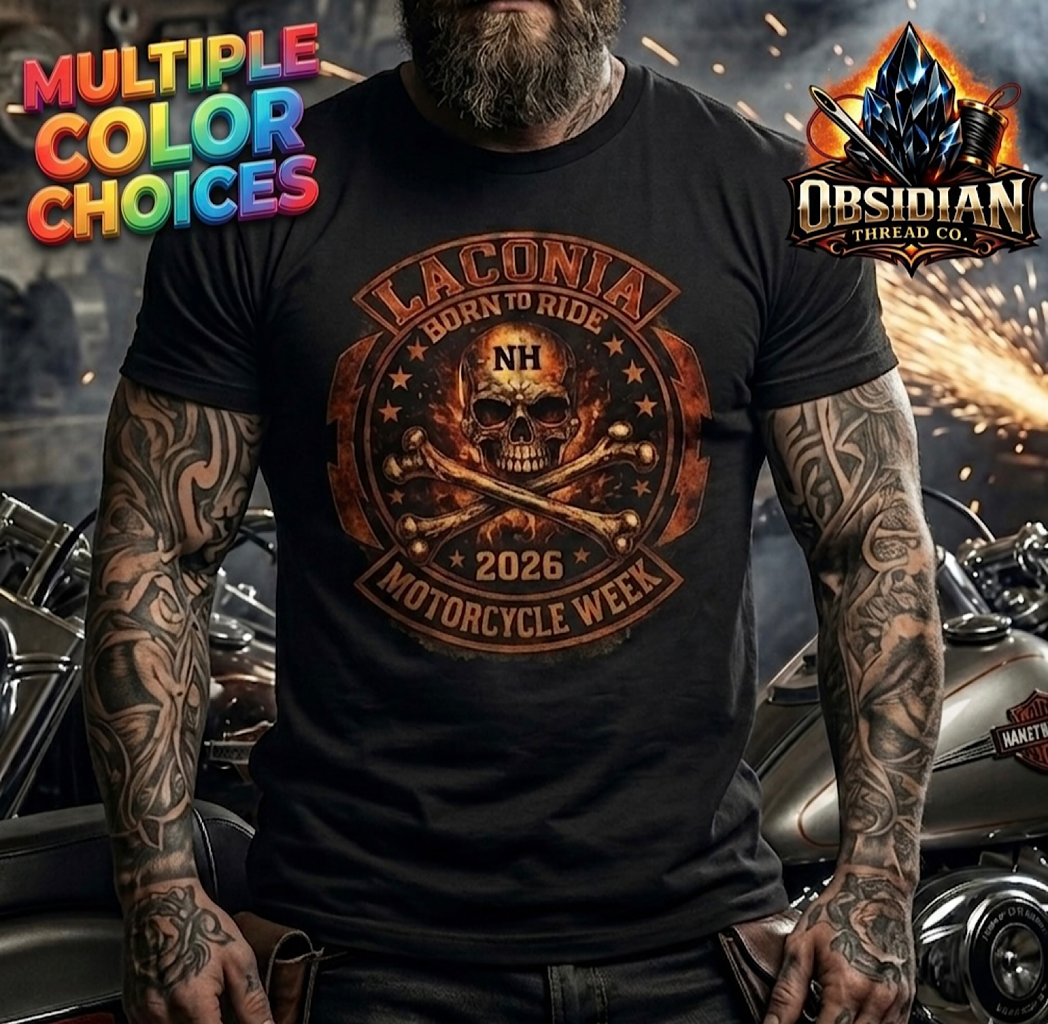 Laconia Bike Week 2026 Shirt NH Motorcycle Rally Skull Biker Tee Vintage Style color preview 2