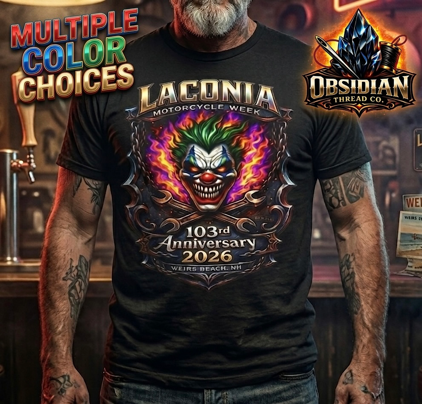 Laconia Motorcycle Week 2026 Shirt 103rd Anniversary Bike Week  NH Skull Flames color preview 3