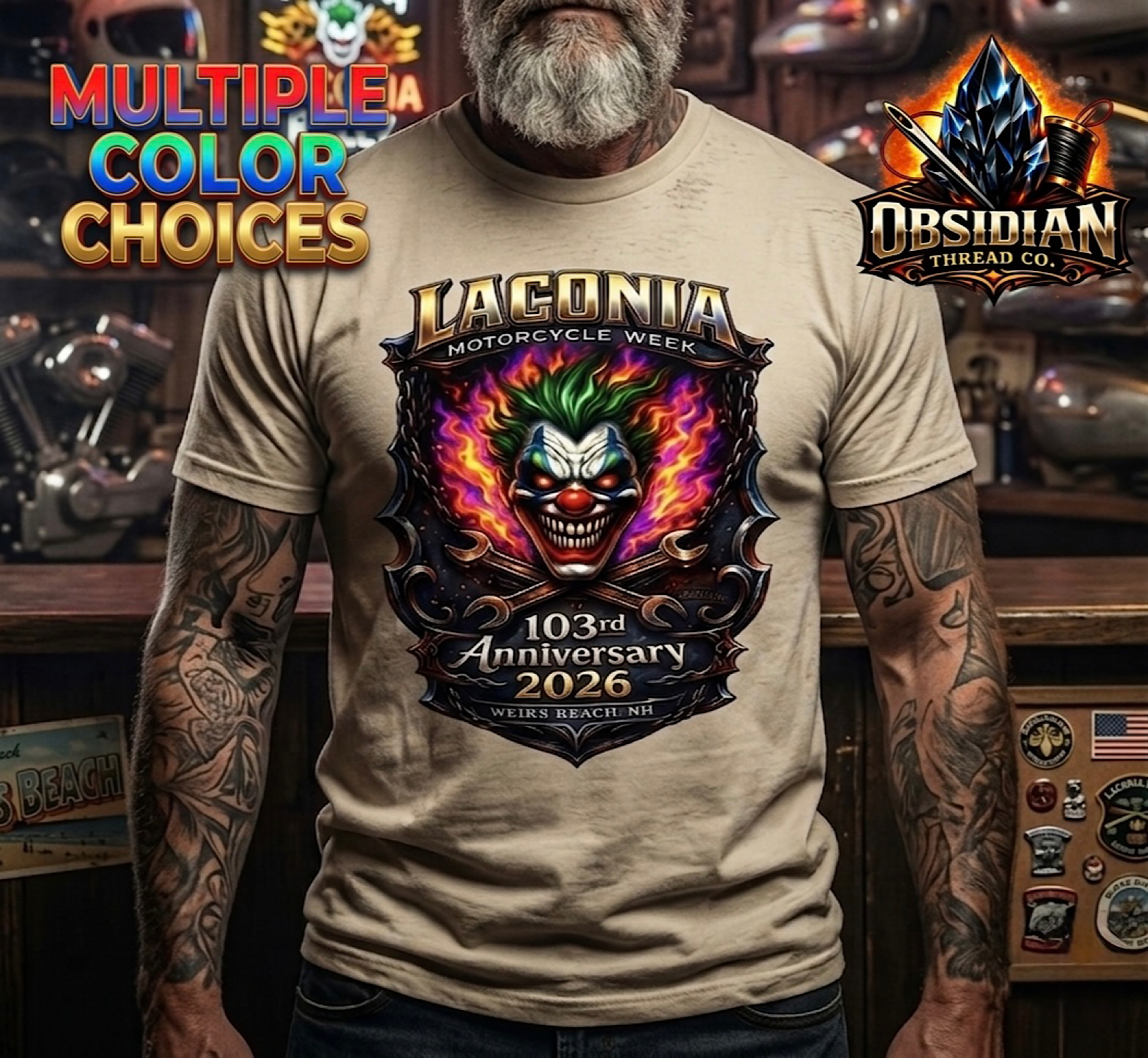 Laconia Motorcycle Week 2026 Shirt 103rd Anniversary Bike Week  NH Skull Flames color preview 2