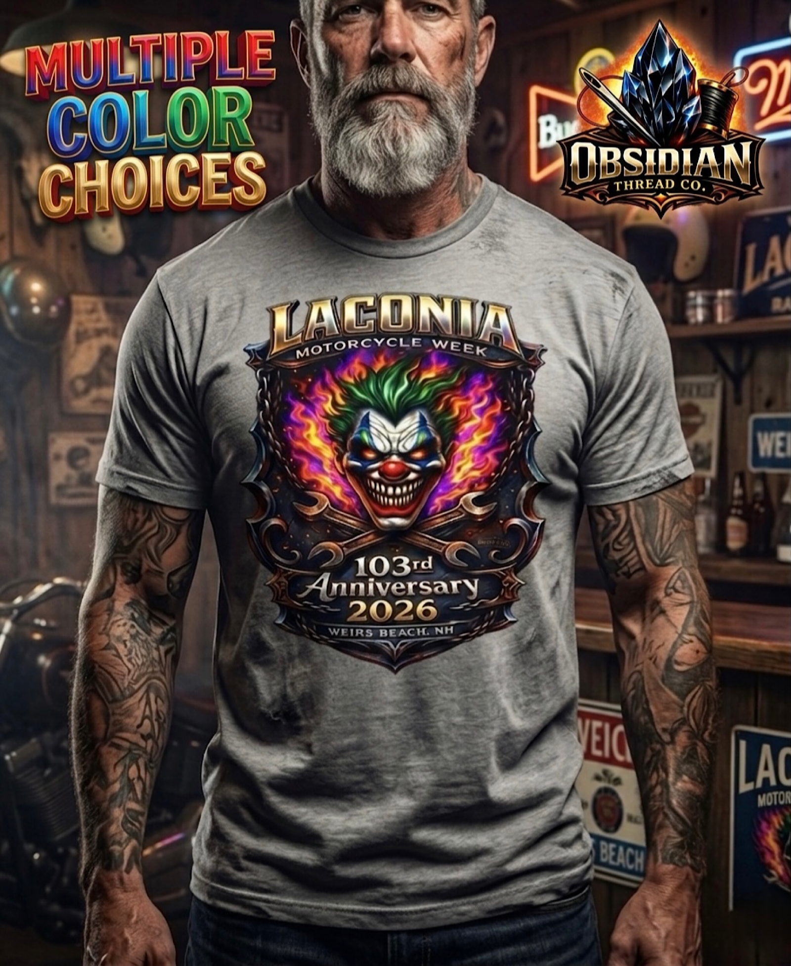 Laconia Motorcycle Week 2026 Shirt 103rd Anniversary Bike Week  NH Skull Flames color preview 4