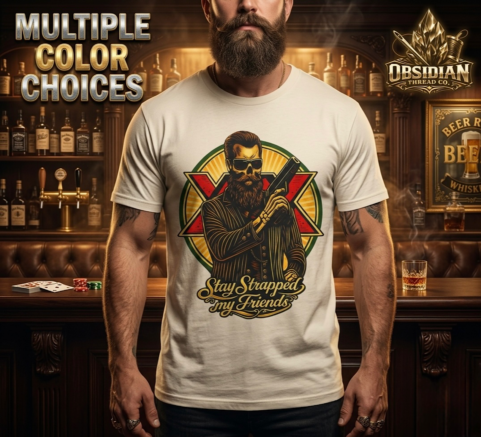 Stay Strapped My Friends Shirt Funny Tactical Skull Gun Beer Graphic Tee USA color preview 2
