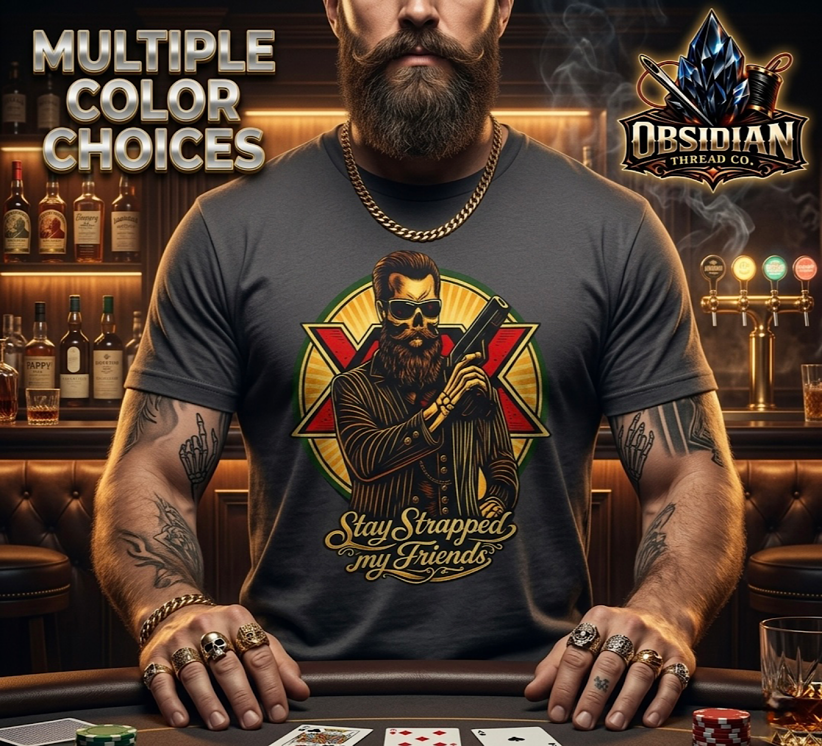 Stay Strapped My Friends Shirt Funny Tactical Skull Gun Beer Graphic Tee USA color preview 4