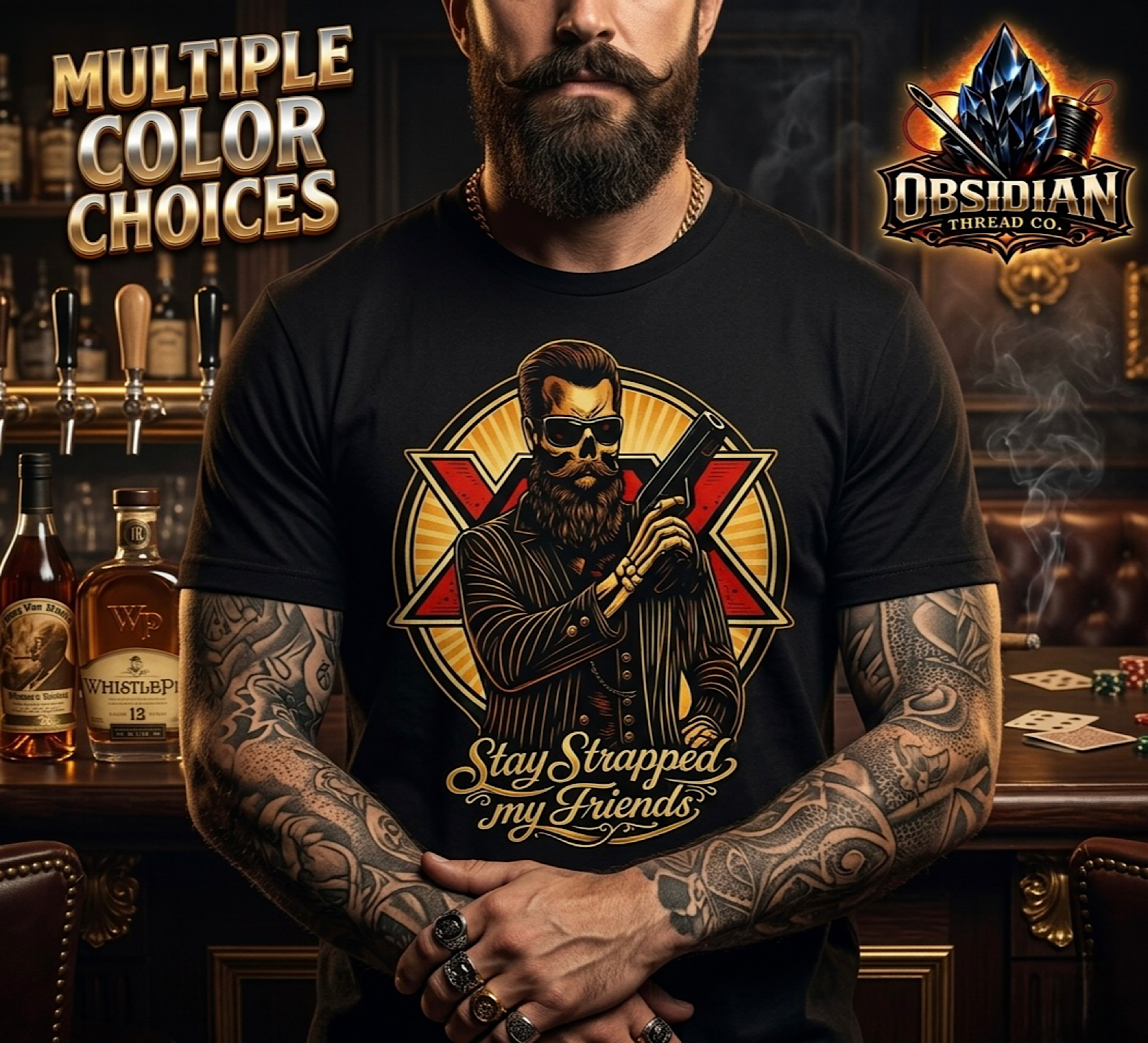 Stay Strapped My Friends Shirt Funny Tactical Skull Gun Beer Graphic Tee USA color preview 3