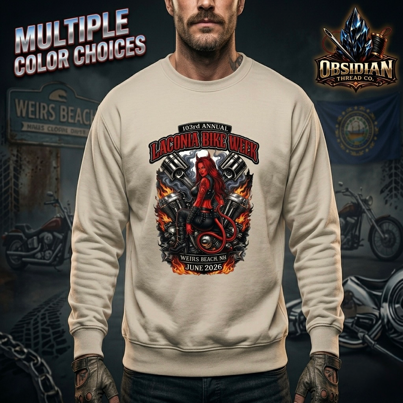 Laconia Bike Week 2026 Warm Sweatshirt 103rd Weirs Beach NH Biker No Harley color preview 2
