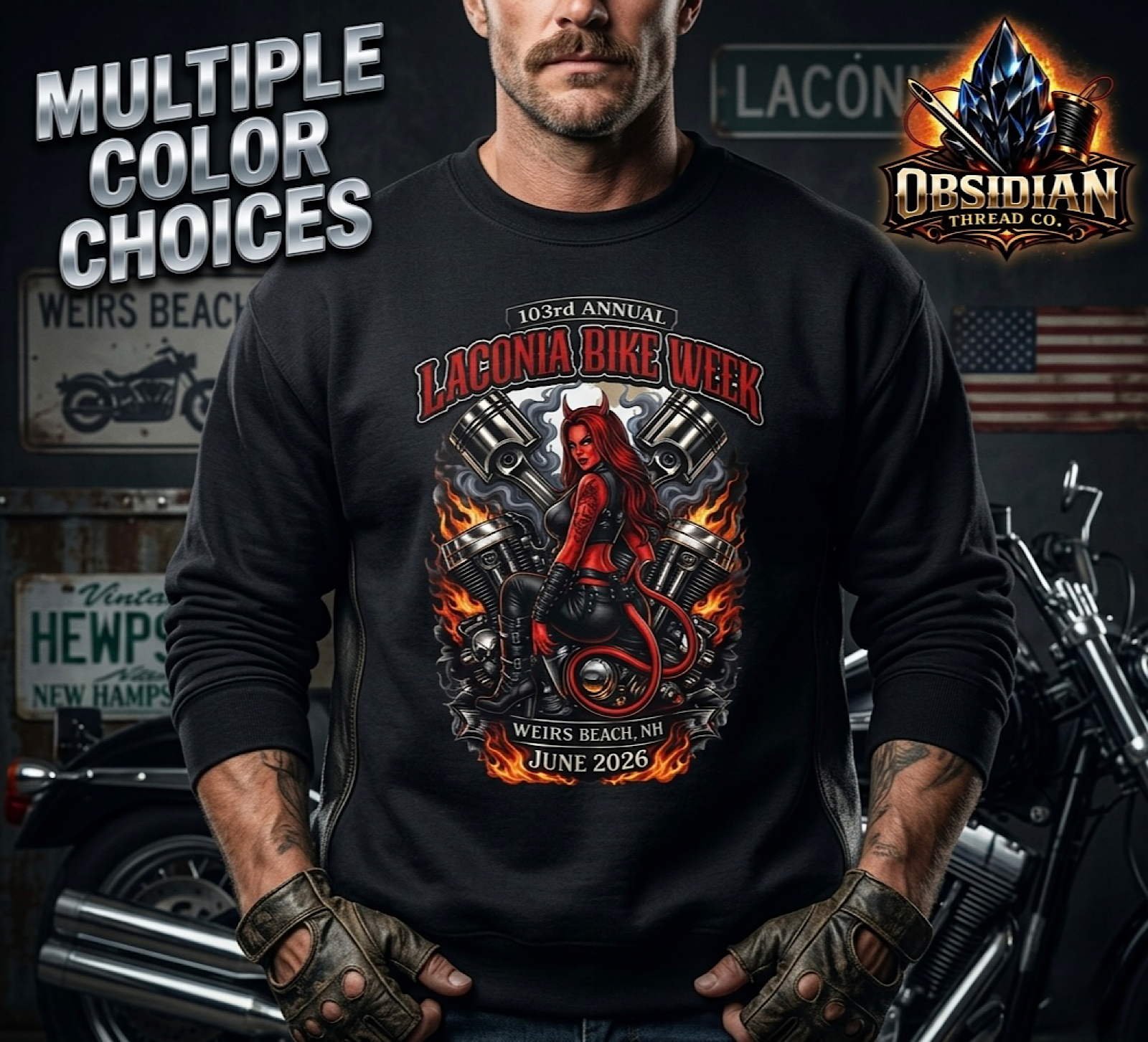 Laconia Bike Week 2026 Warm Sweatshirt 103rd Weirs Beach NH Biker No Harley color preview 3