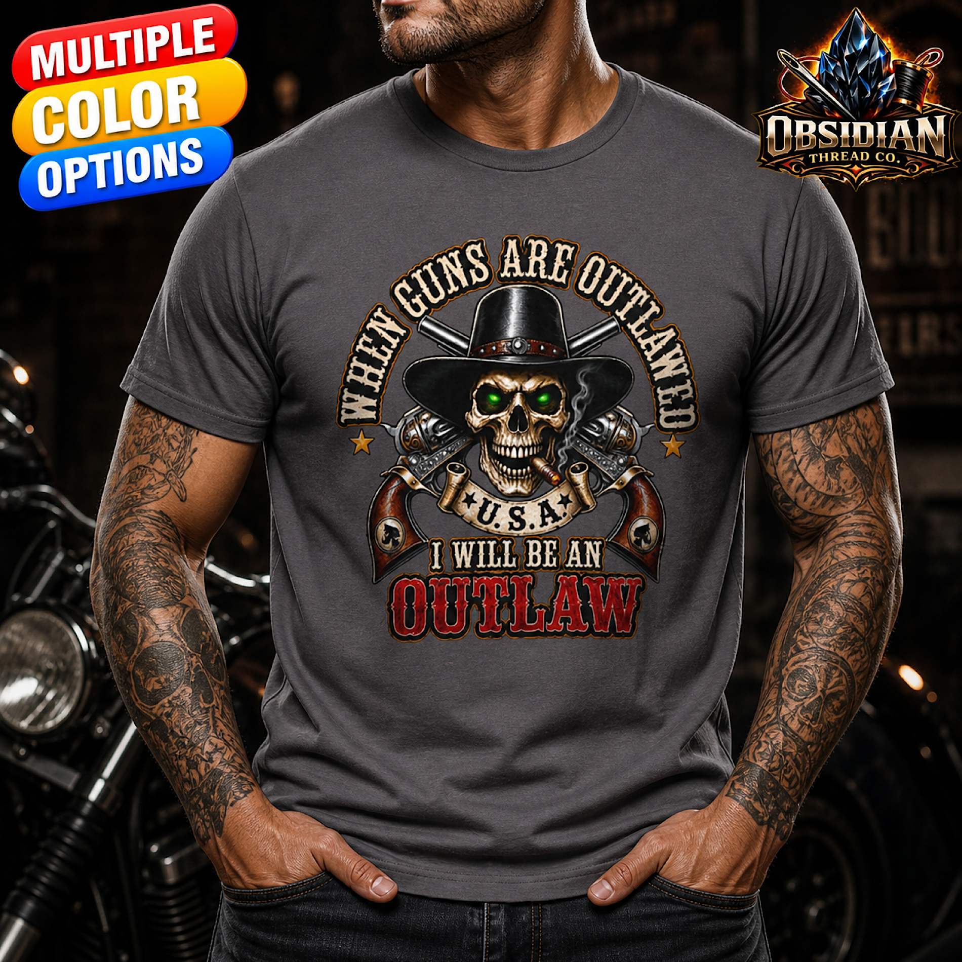 Outlaw Skull Biker T-Shirt USA Guns Tactical Cowboy Graphic Tee No Harley color preview 2