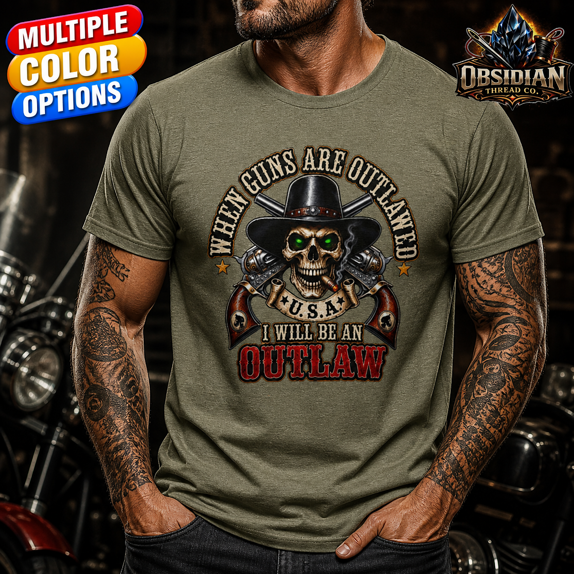 Outlaw Skull Biker T-Shirt USA Guns Tactical Cowboy Graphic Tee No Harley color preview 3