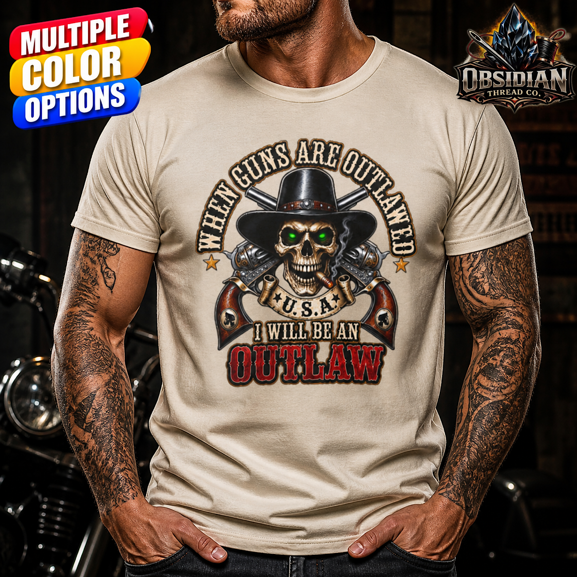 Outlaw Skull Biker T-Shirt USA Guns Tactical Cowboy Graphic Tee No Harley color preview 4