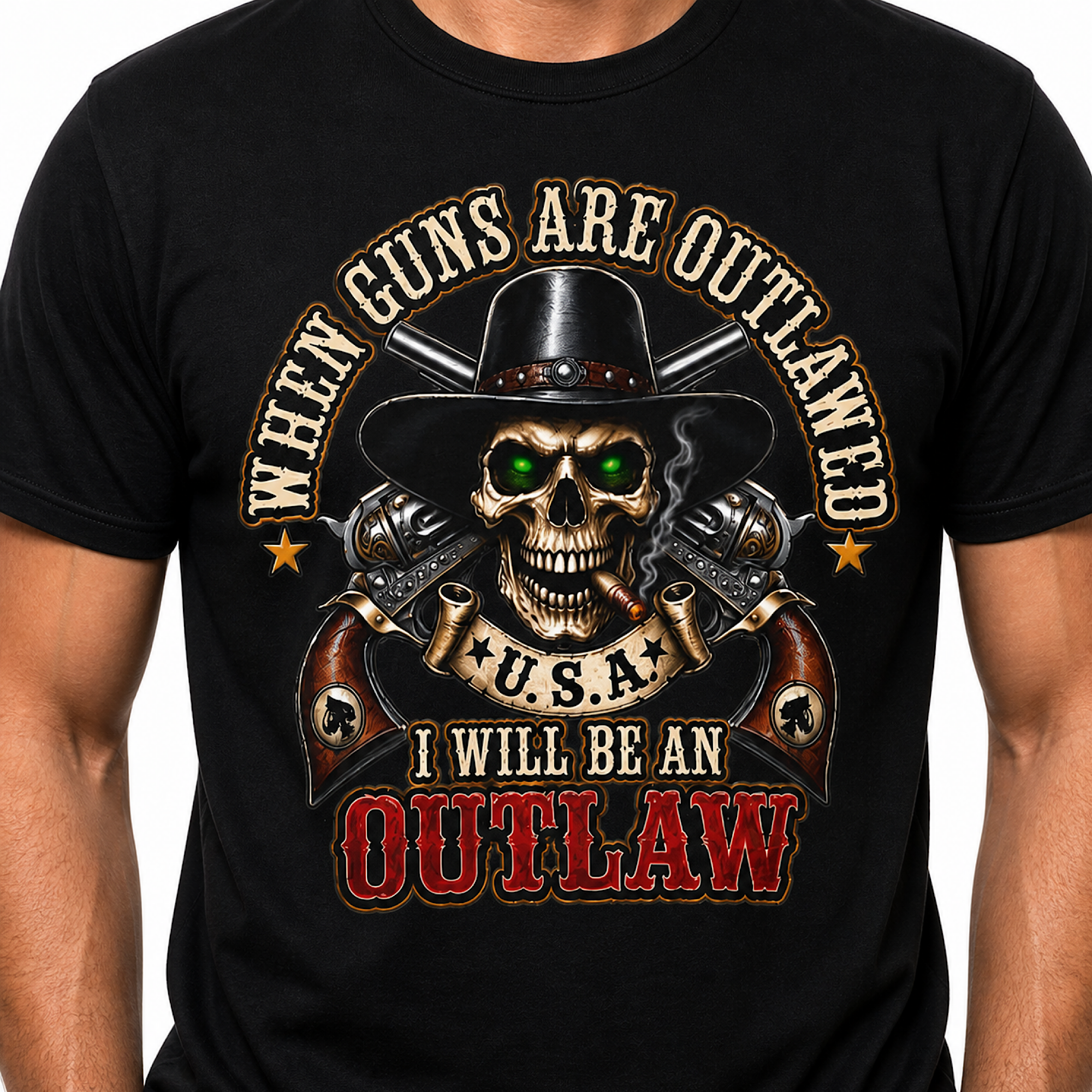 Outlaw Skull Biker T-Shirt USA Guns Tactical Cowboy Graphic Tee No Harley product preview