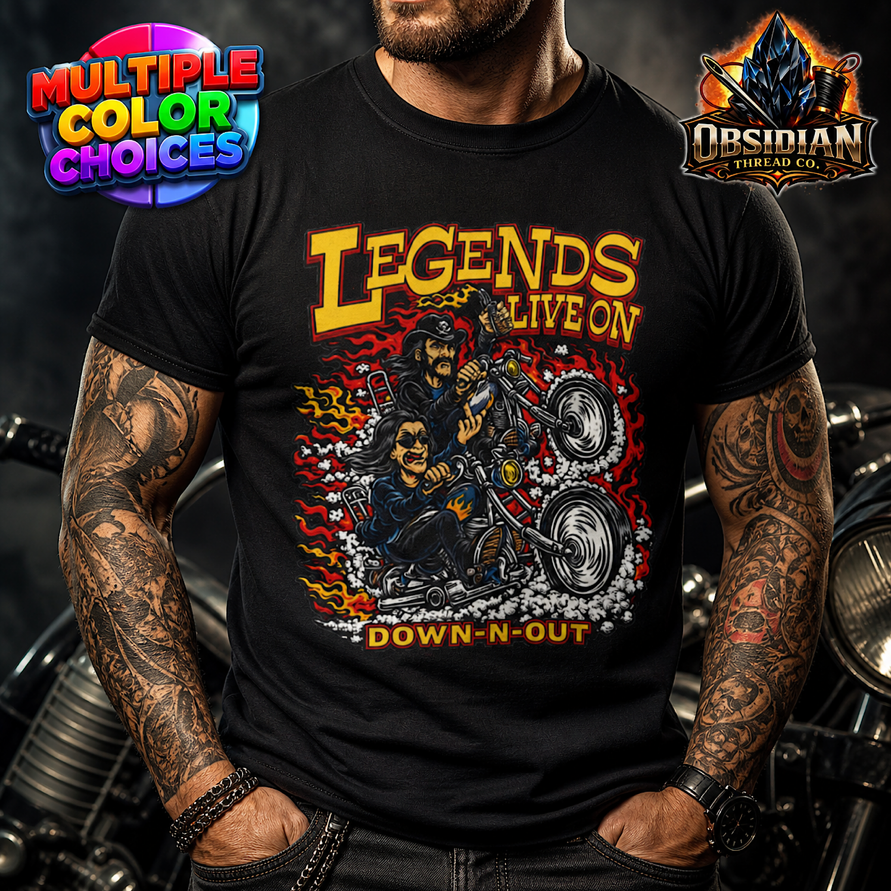 Rock Metal Legends Live On Down Out Skull Biker T Shirt Motorcycle Graphic Tee color preview 4