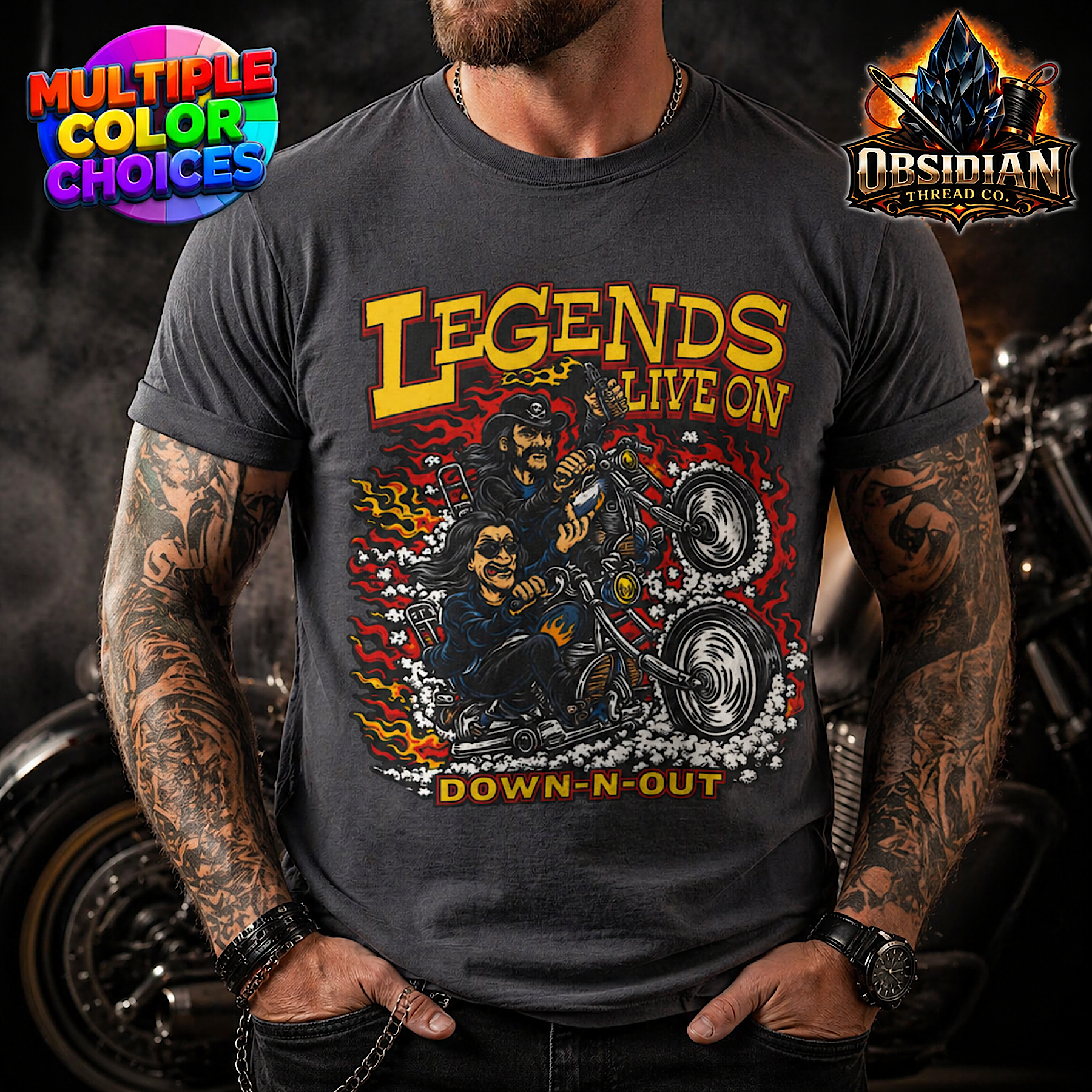 Rock Metal Legends Live On Down Out Skull Biker T Shirt Motorcycle Graphic Tee color preview 2