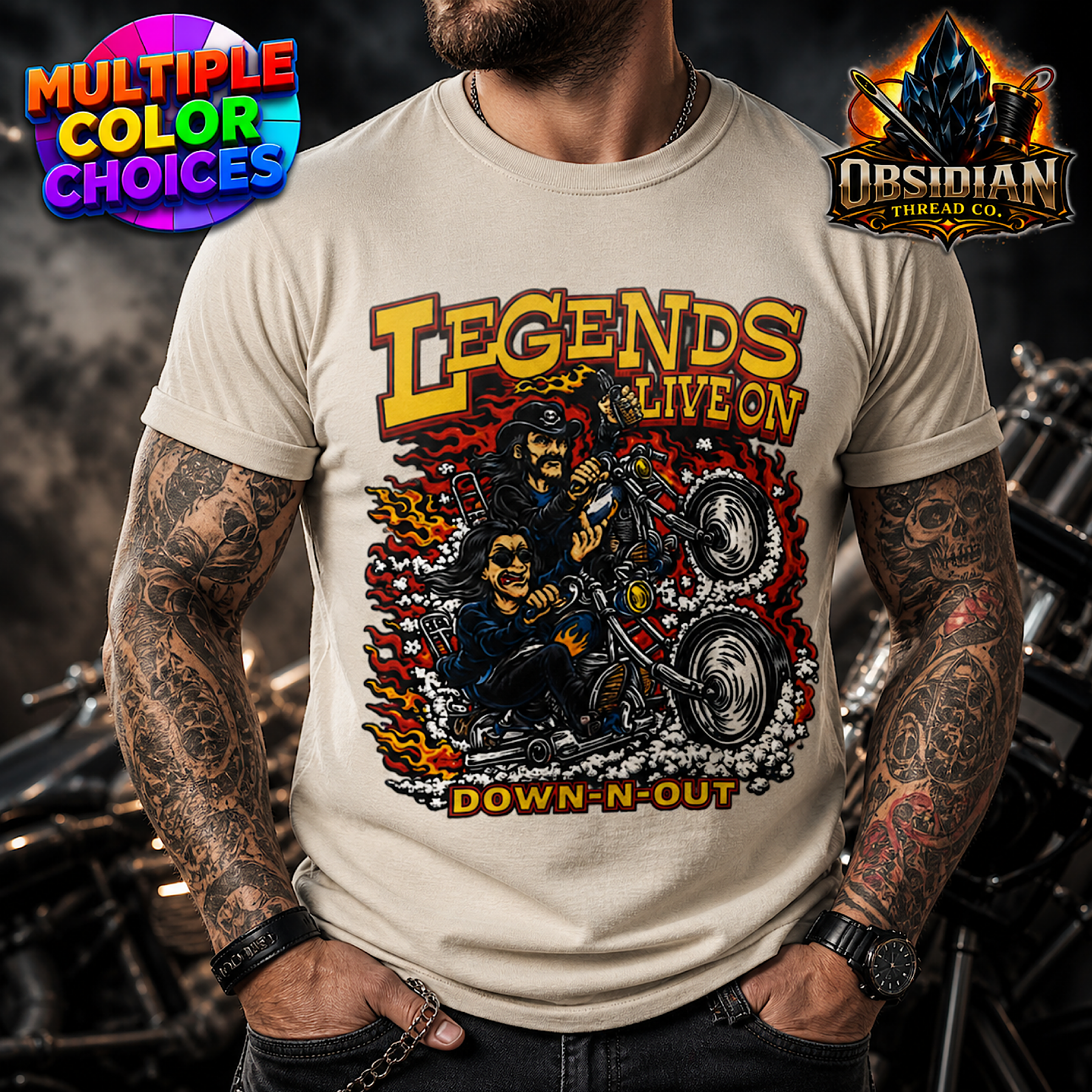 Rock Metal Legends Live On Down Out Skull Biker T Shirt Motorcycle Graphic Tee color preview 3