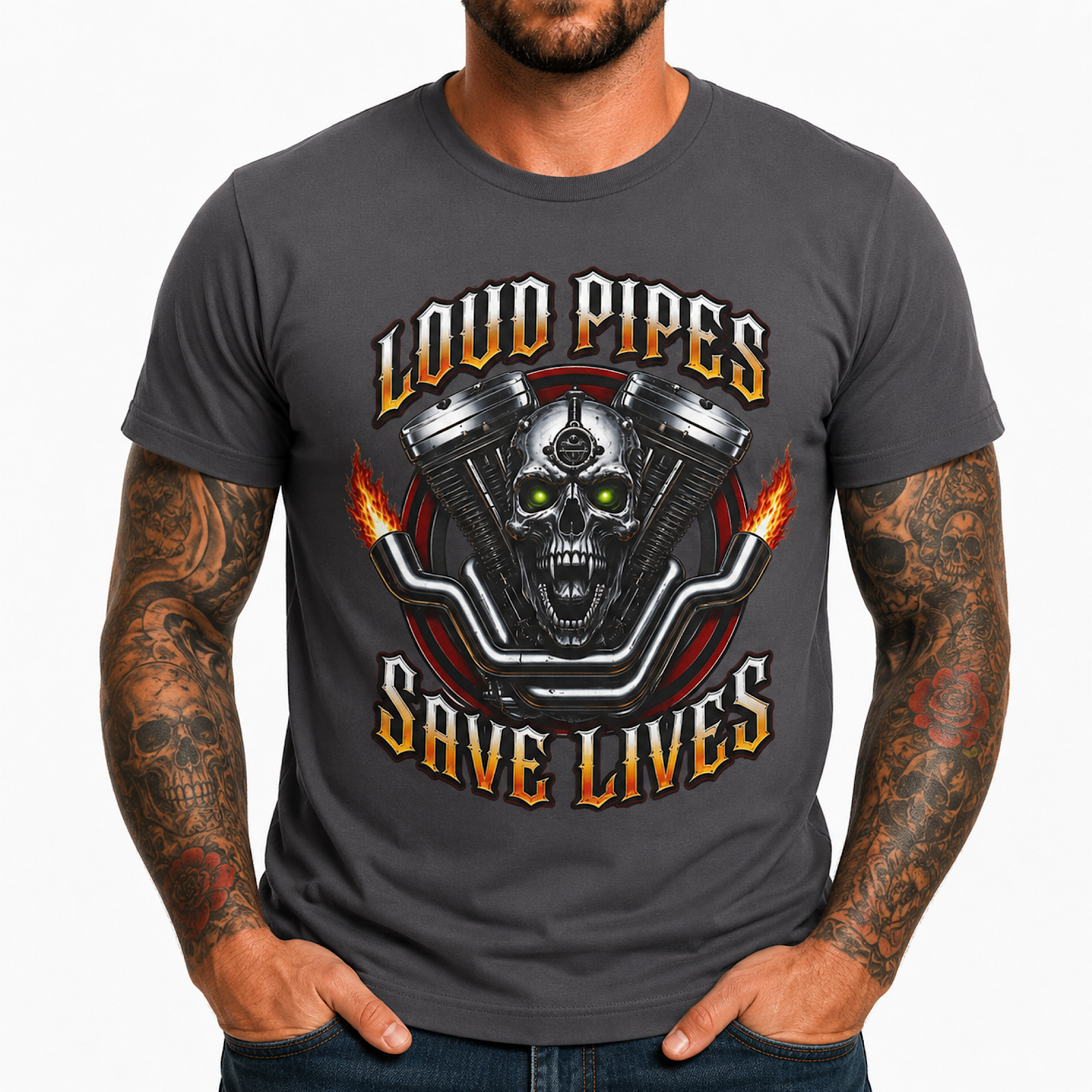 Biker Loud Pipes Save Lives Shirt V-Twin Unisex Motorcycle Biker Skull Graphic Tee Funny Rider Motorcycle Shirt color preview 2