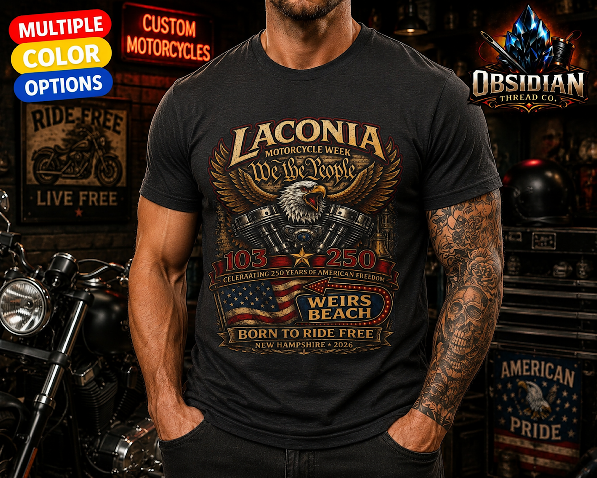 2026 Laconia Motorcycle Week Shirt America 250 Weirs Beach Biker Bike Week Tee color preview 3