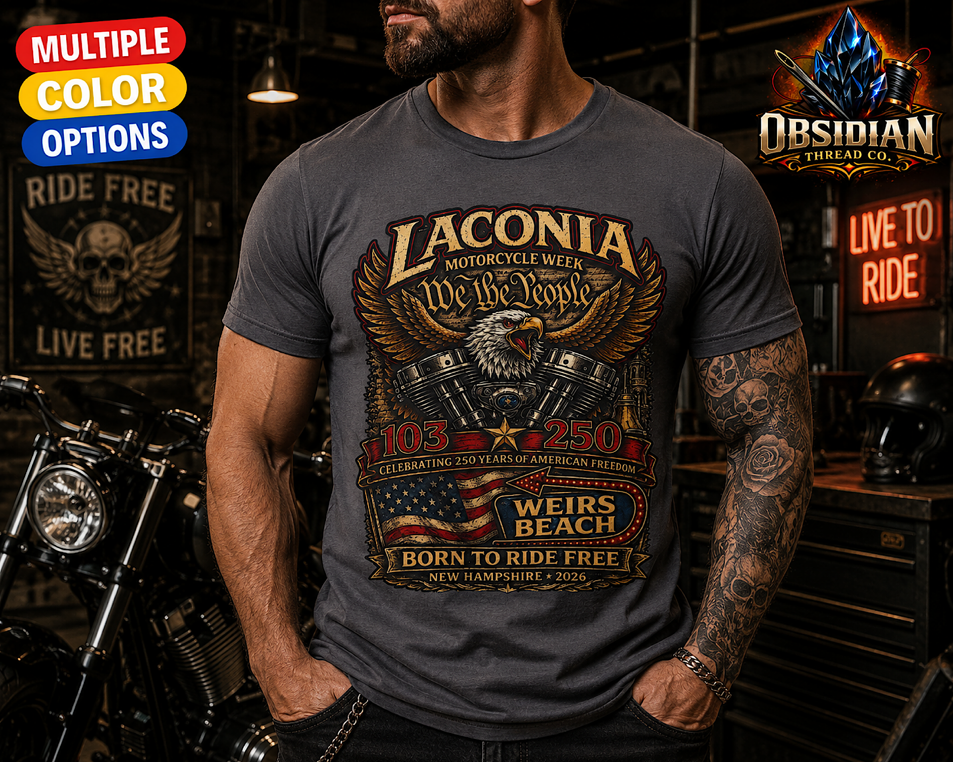 2026 Laconia Motorcycle Week Shirt America 250 Weirs Beach Biker Bike Week Tee color preview 2