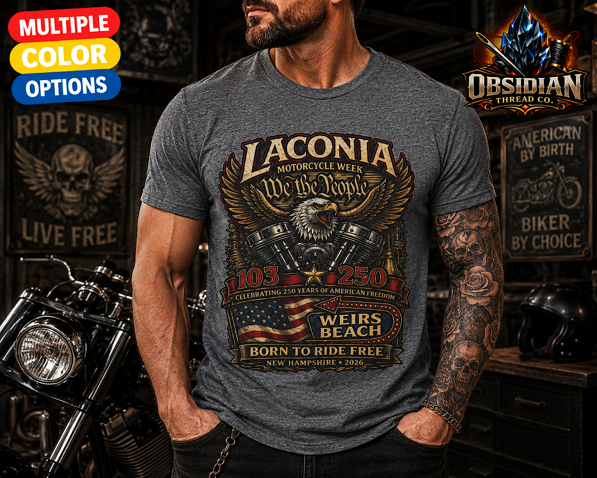 2026 Laconia Motorcycle Week Shirt America 250 Weirs Beach Biker Bike Week Tee color preview 4