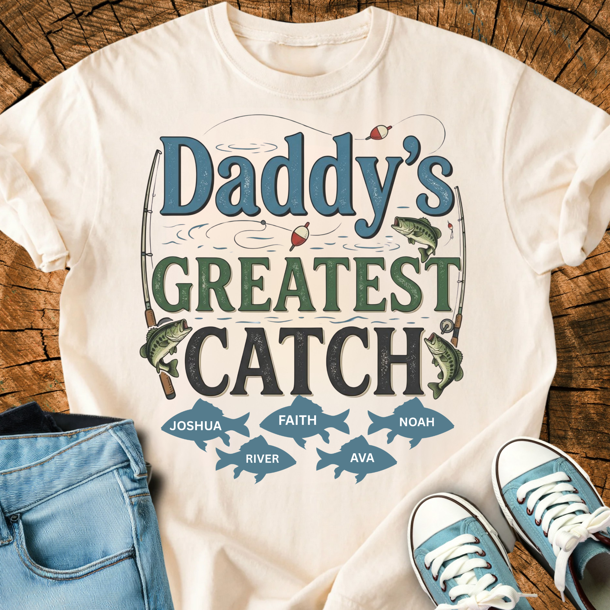 Comfort Colors Personalized Daddy's Greatest Catch Fishing Shirt, Custom Kids Names, Father's Day Fishing Gifts for Him, Triche Treasures