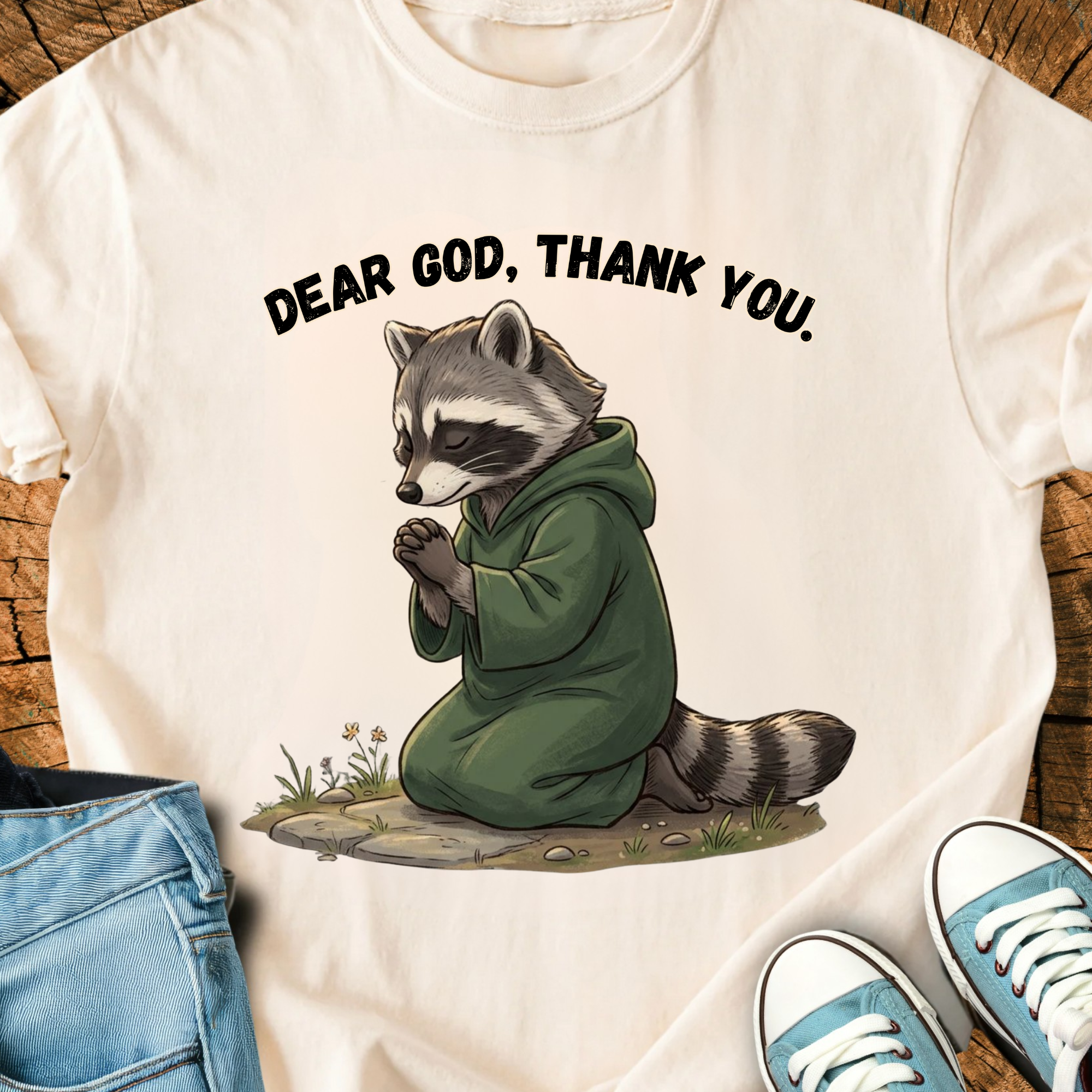 Comfort Colors Dear God Thank You Raccoon Shirt, Christian Tee, Unique Gifts, Grateful Heart Tee, Faith Over Fear, Triche Treasures