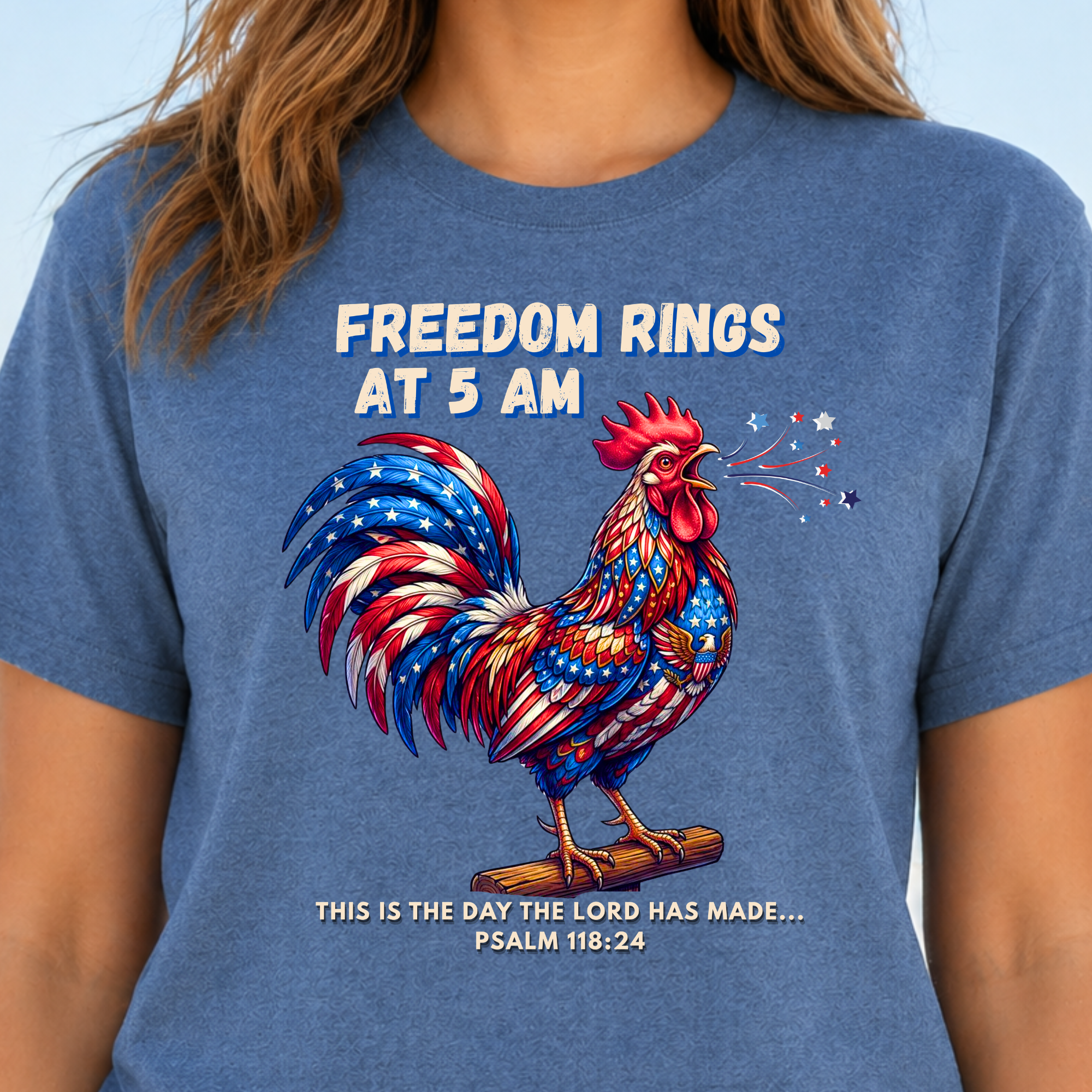 Comfort Colors Patriotic Rooster Tee, Freedom Rings at 5 AM Shirt, Funny Chicken Farmer Gift, Triche Treasures