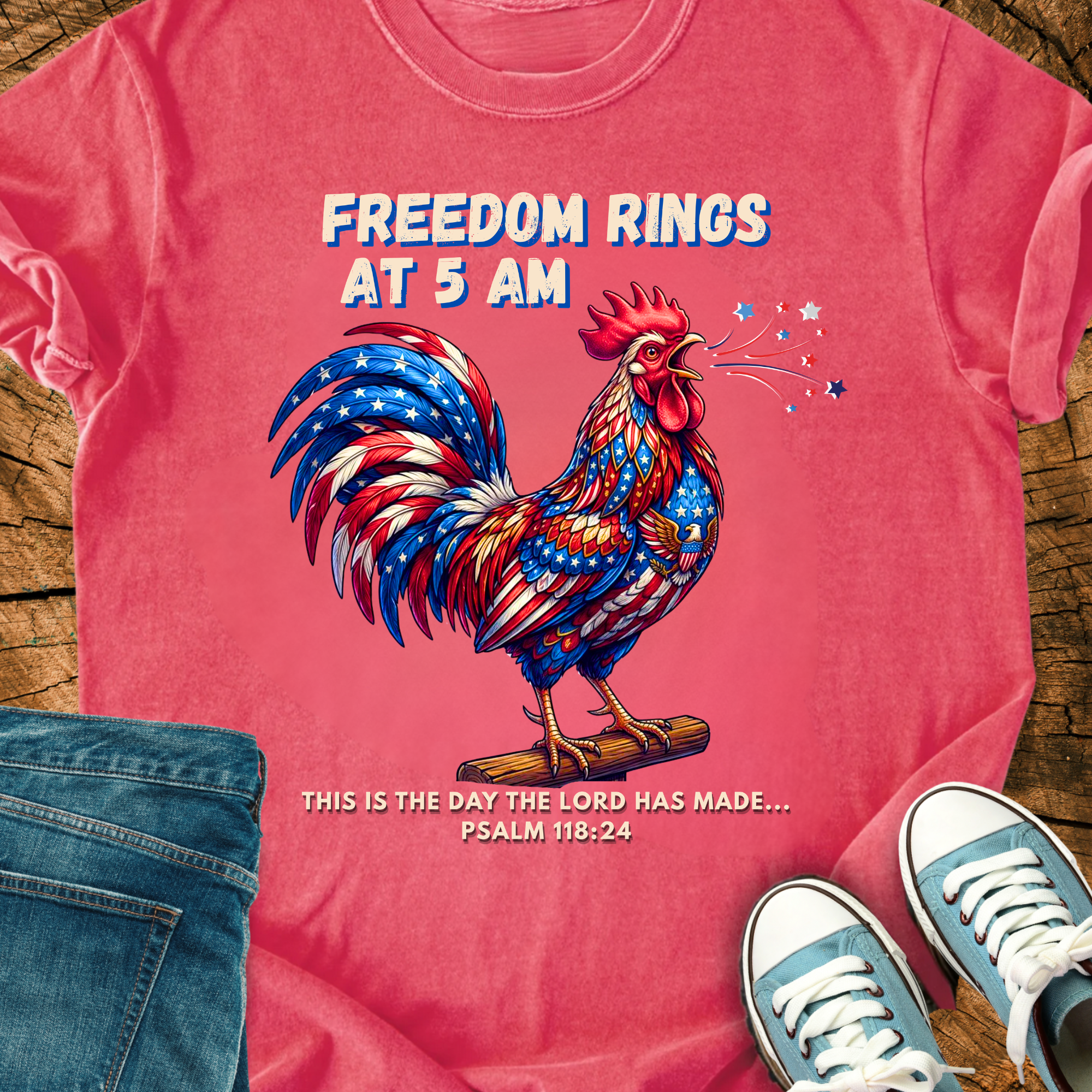 Comfort Colors Patriotic Rooster Tee, Freedom Rings at 5 AM Shirt, Funny Chicken Farmer Gift, Triche Treasures – Moss, S