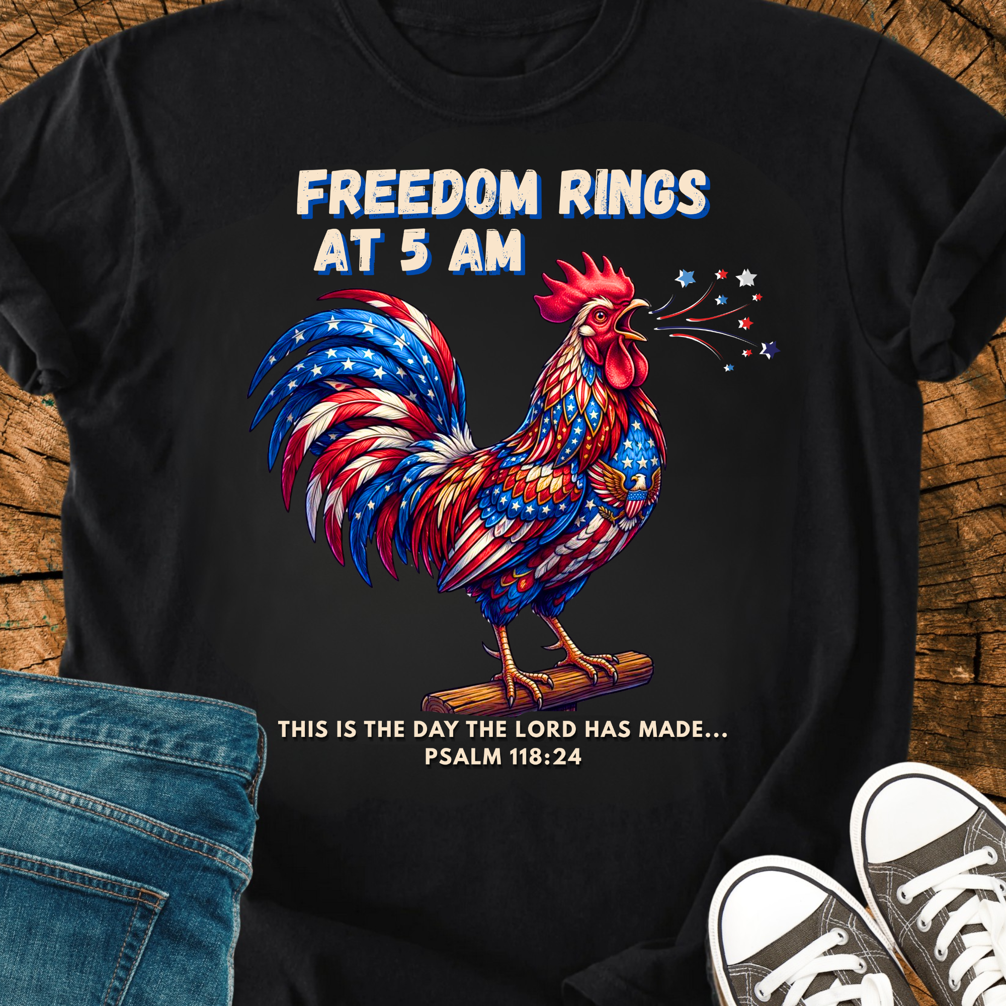 Comfort Colors Patriotic Rooster Tee, Freedom Rings at 5 AM Shirt, Funny Chicken Farmer Gift, Triche Treasures – Moss, S