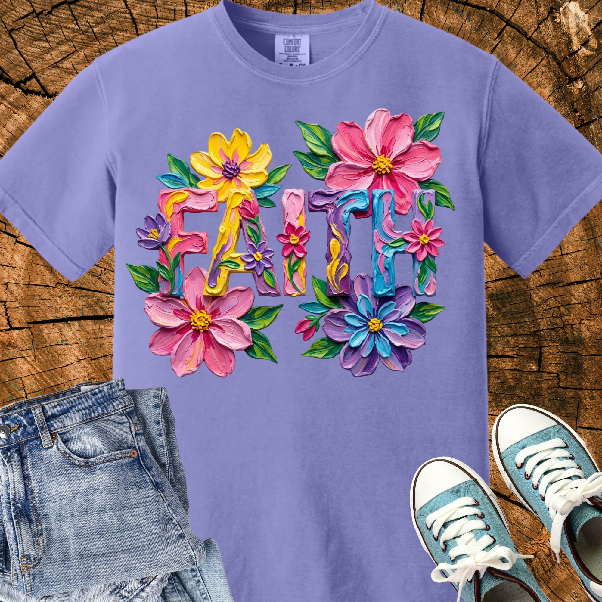 Comfort Colors Faith Shirt, Floral Impasto Oil Painting Graphic Tee, Christian Gift for Women, Summer Beach Vacation Tee, Triche Treasures – Blossom, S
