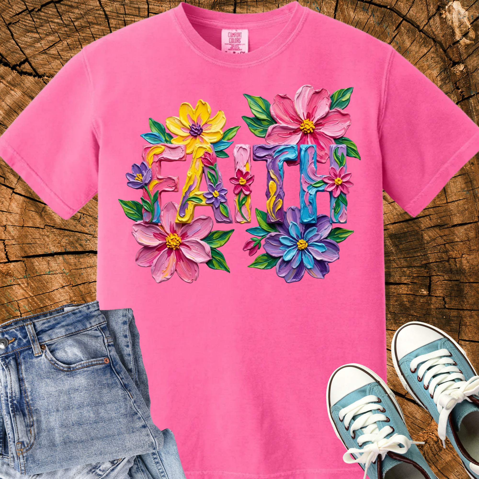 Comfort Colors Faith Shirt, Floral Impasto Oil Painting Graphic Tee, Christian Gift for Women, Summer Beach Vacation Tee, Triche Treasures – Blossom, S