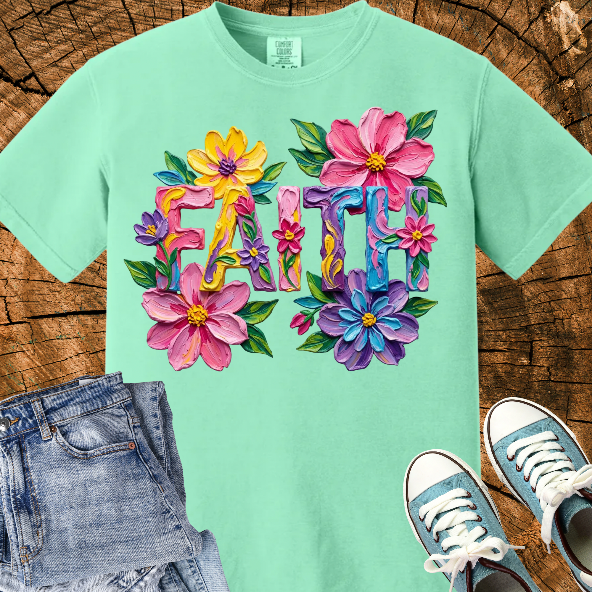 Comfort Colors Faith Shirt, Floral Impasto Oil Painting Graphic Tee, Christian Gift for Women, Summer Beach Vacation Tee, Triche Treasures – Blossom, S