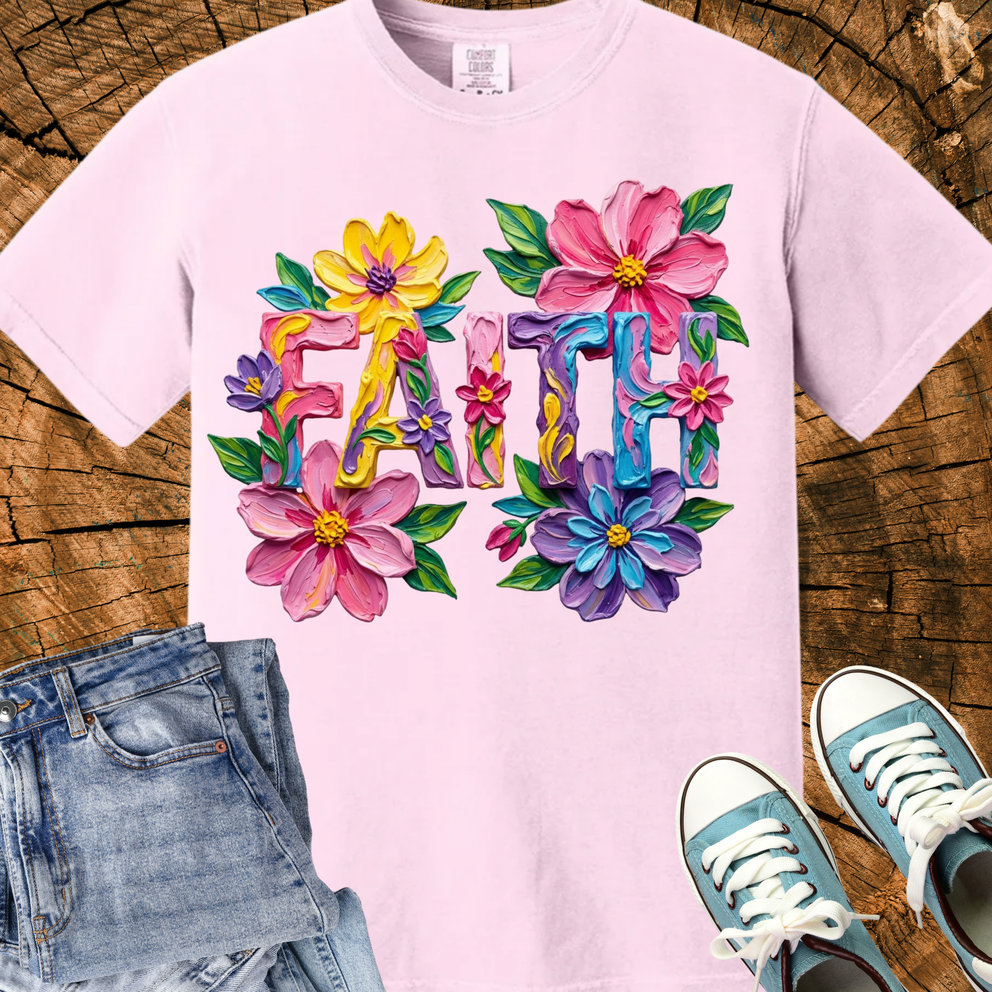 Comfort Colors Faith Shirt, Floral Impasto Oil Painting Graphic Tee, Christian Gift for Women, Summer Beach Vacation Tee, Triche Treasures