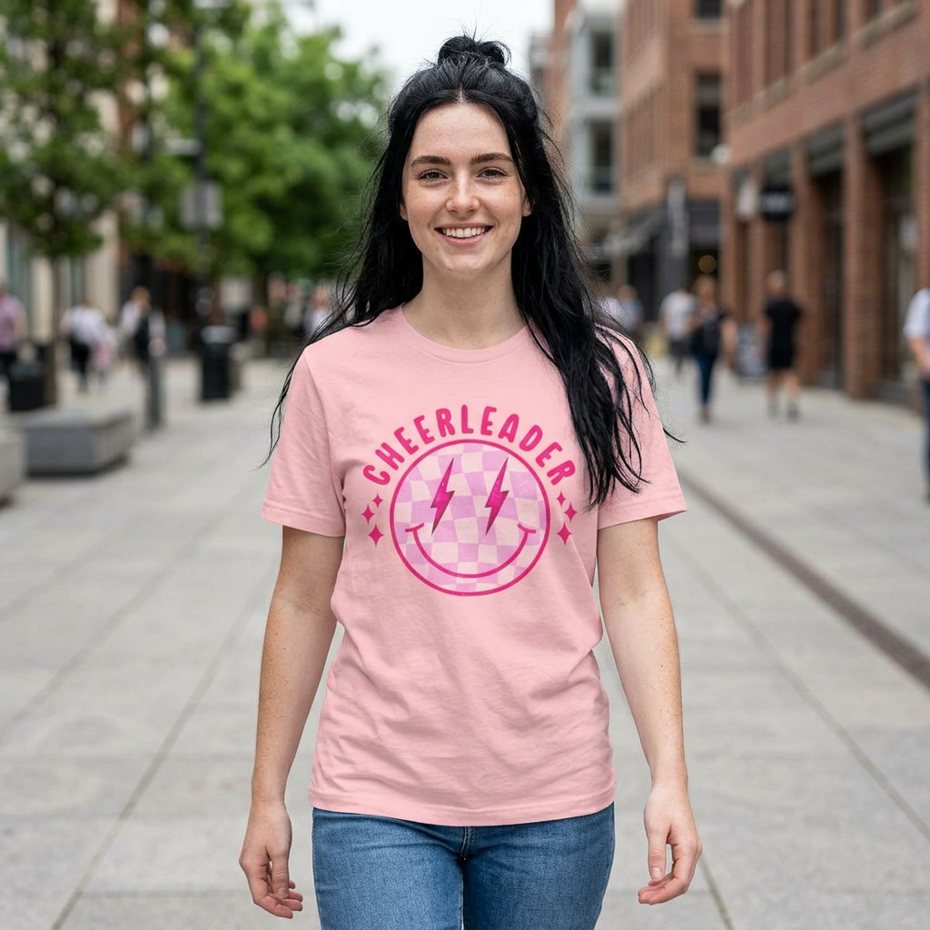 Preppy Cheerleader Neon Pink T-Shirt | Retro Varsity Pom Pom Design