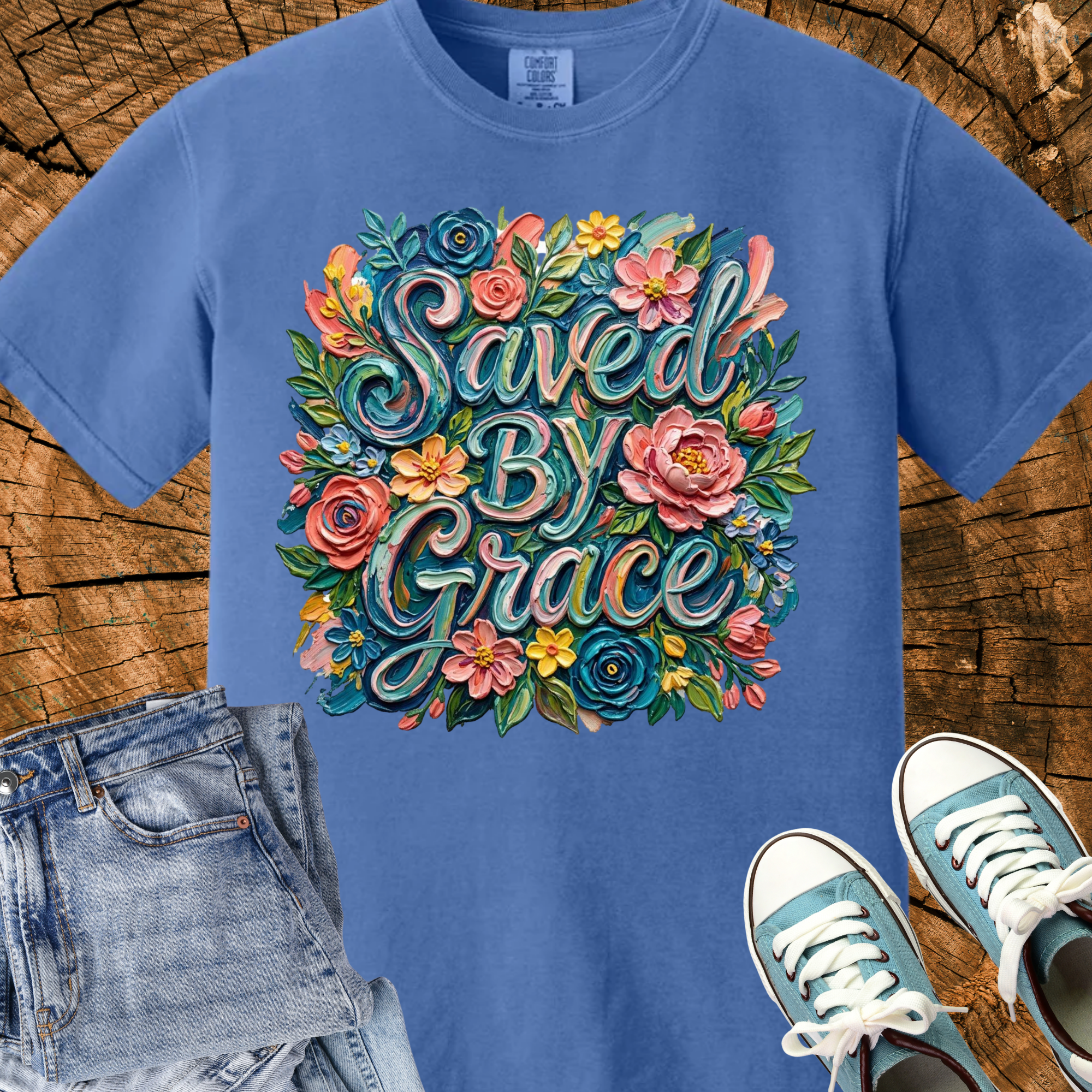 Comfort Colors Saved By Grace Shirt, Impasto Oil Painting Tee, Floral Christian Graphic Shirt, Vintage Faith Art Tee, Triche Treasures – Sapphire, M