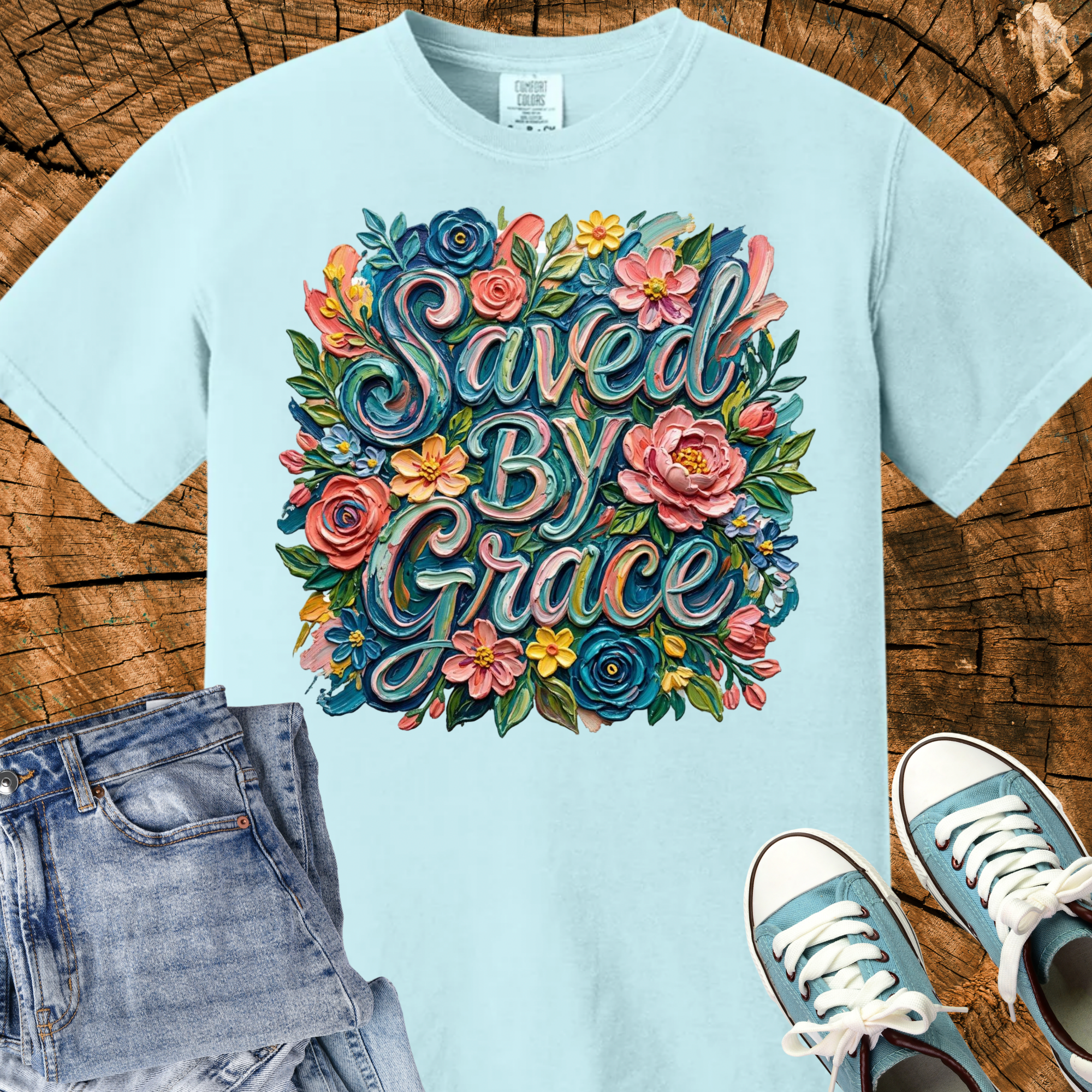 Comfort Colors Saved By Grace Shirt, Impasto Oil Painting Tee, Floral Christian Graphic Shirt, Vintage Faith Art Tee, Triche Treasures