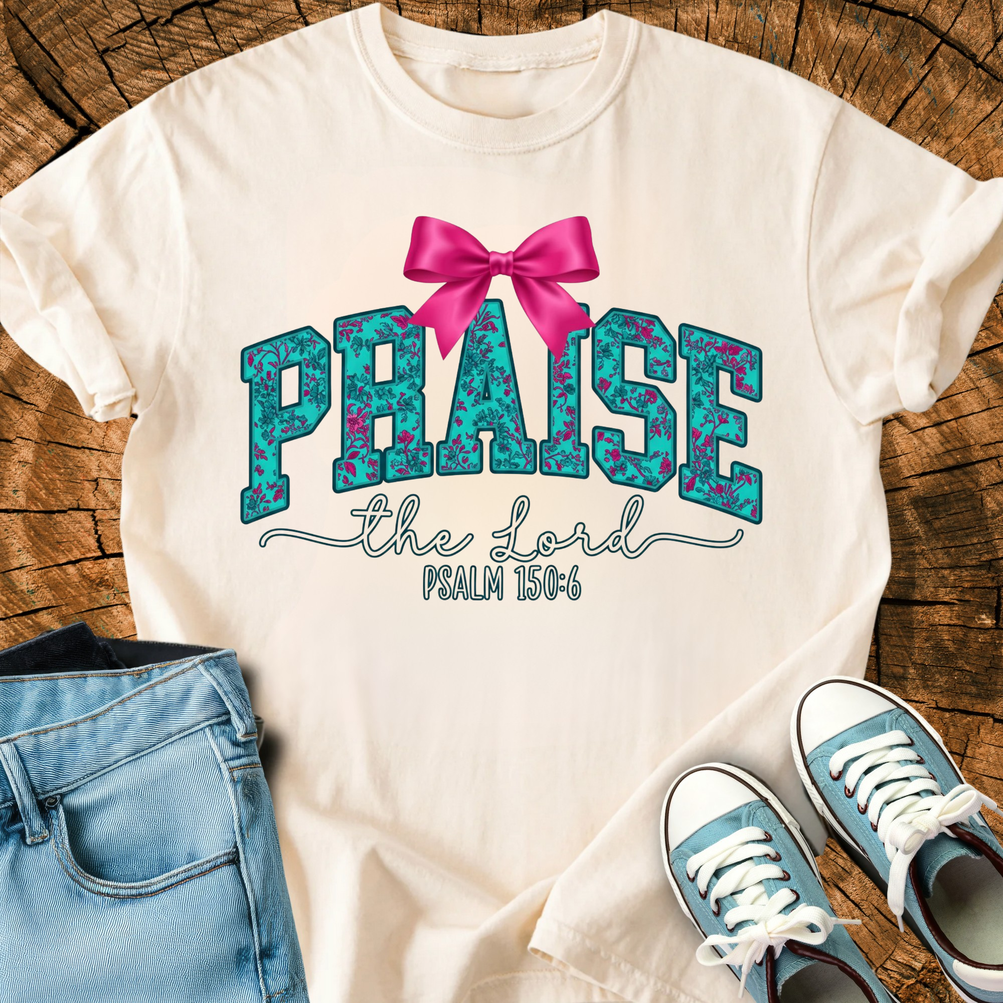Comfort Colors Praise the Lord Shirt, Psalm 150:6 Christian Tee, Pink Bow Floral Faith Shirt, Retro Coquette Christian Tee, Triche Treasures