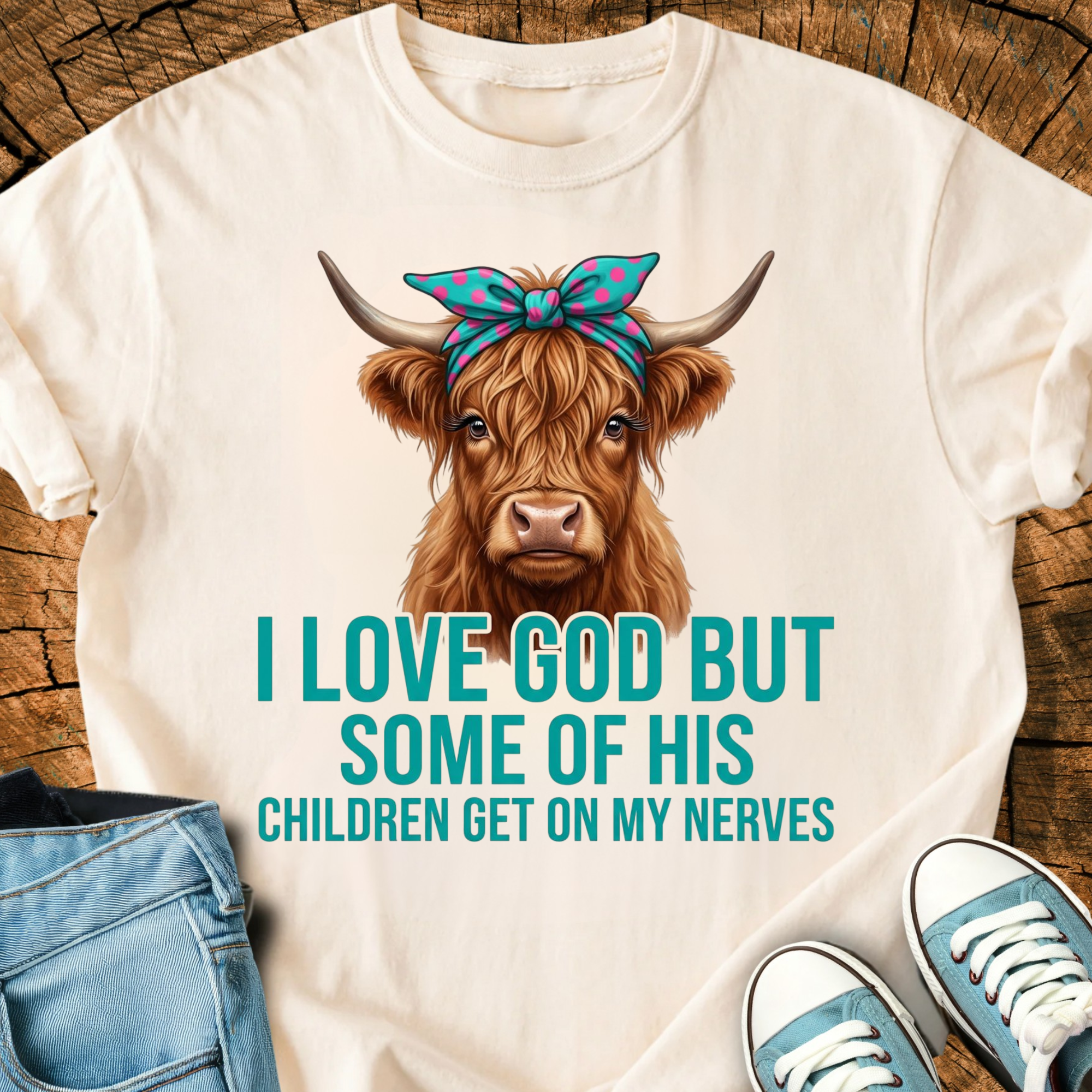 Comfort Colors I Love God But Some of His Children Get on My Nerves Shirt, Funny Christian Highland Cow Tee for Women, Triche Treasures