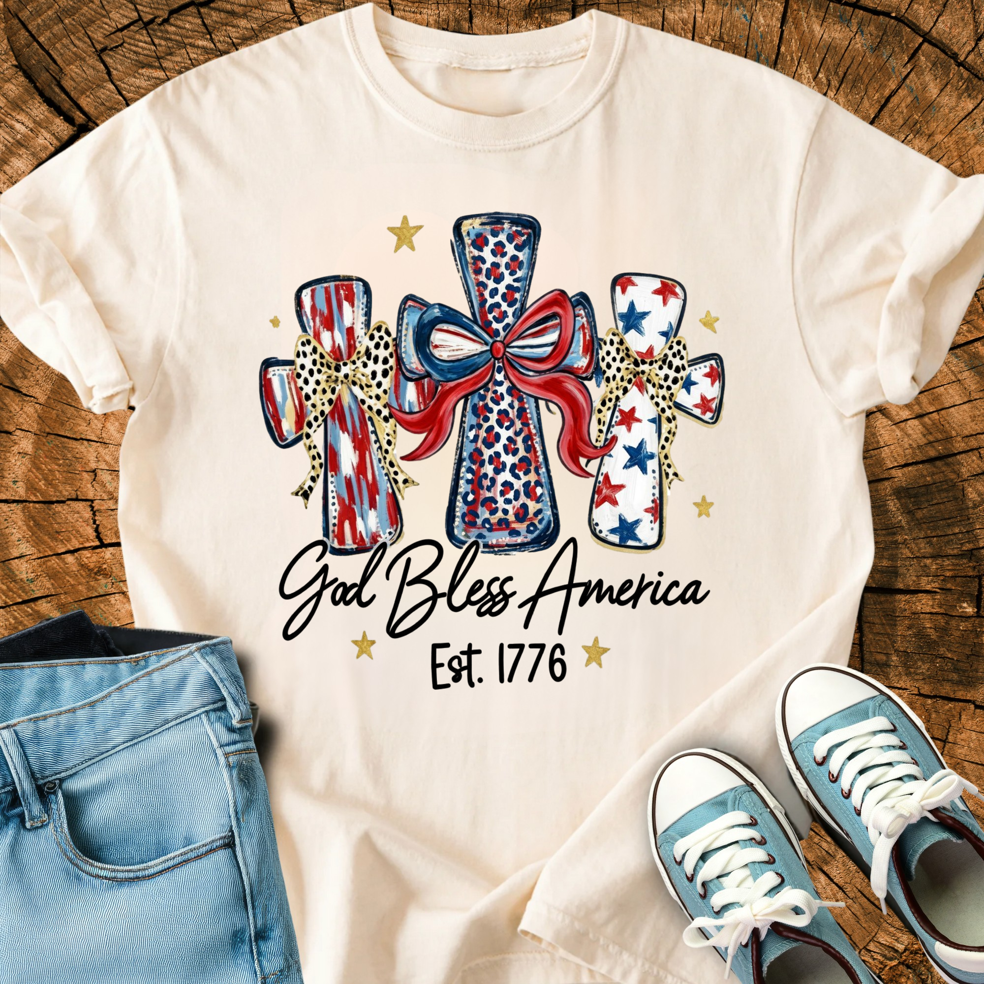 Comfort Colors Coquette Cross Bow Shirt, Patriotic Cheetah Red White Blue Tee, God Bless America Gift, Triche Treasures