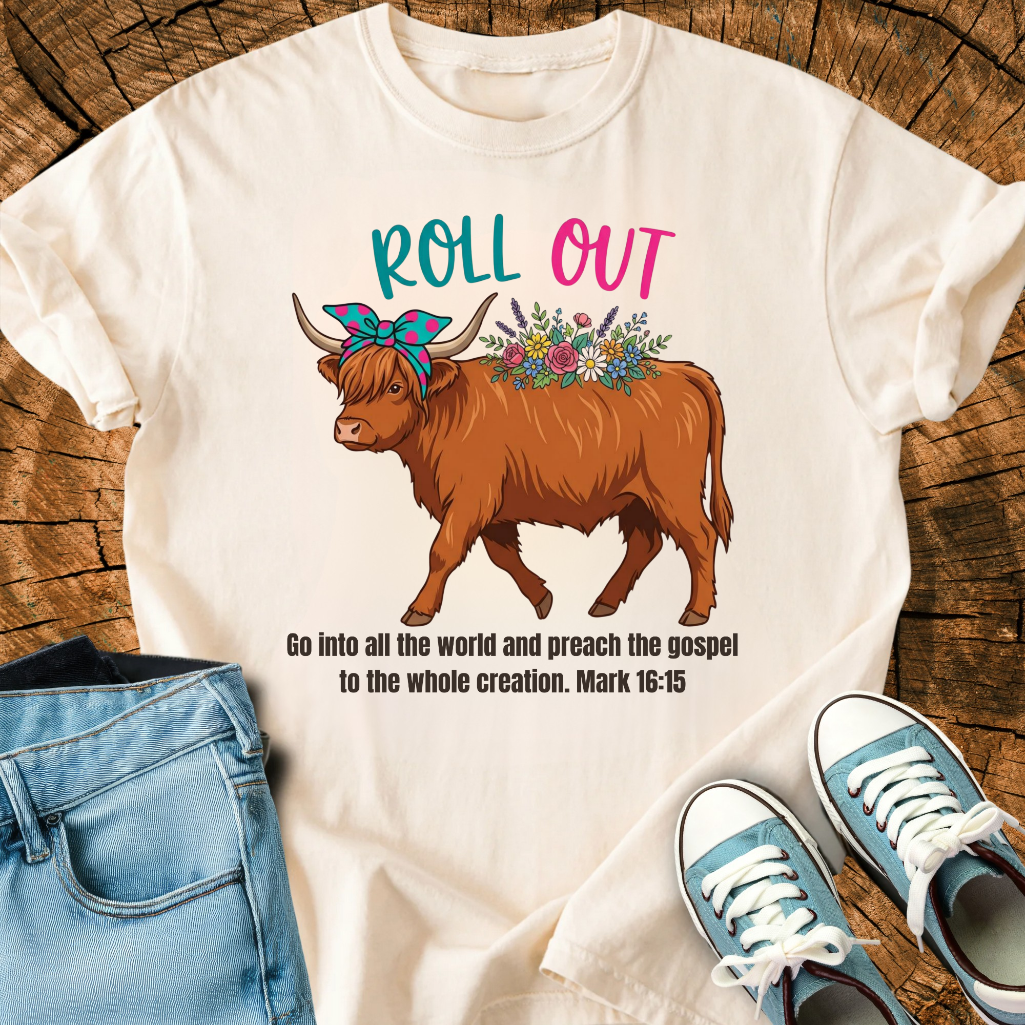 Comfort Colors Roll Out Highland Cow Shirt, Go Into All the World and Preach the Gospel Tee, Funny Christian Tee for Women, Triche Treasures