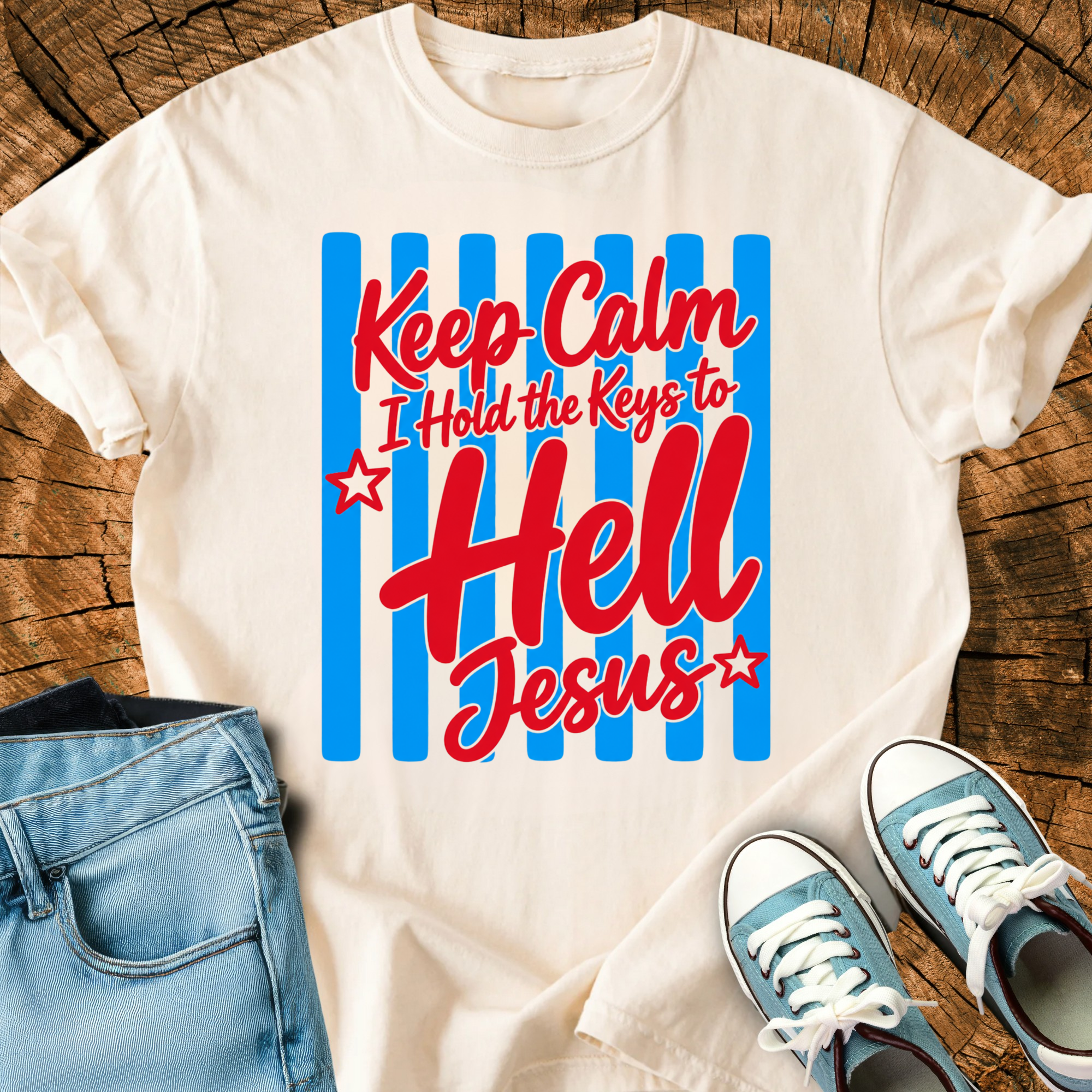 Comfort Colors Keep Calm I Hold the Keys to Hell Shirt, Christian Church Outfit, Summer Striped Beach Tee, Vacation Gift, Triche Treasures