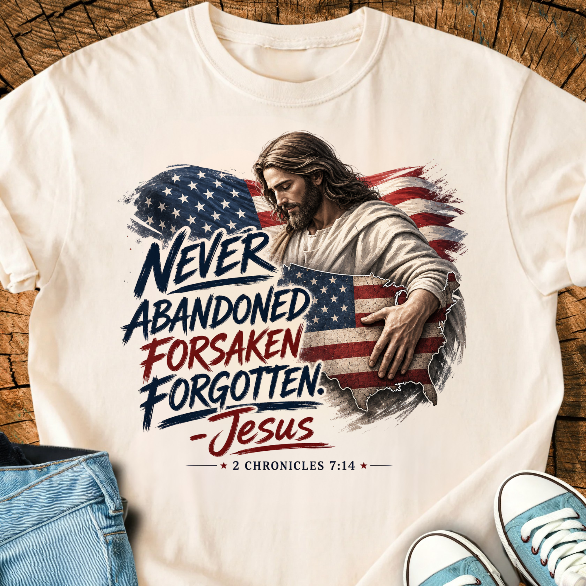 Comfort Colors Never Abandoned Forsaken Forgotten Jesus Shirt, 4th of July 250 Years Tee, Christian Church Outfit Gift, Triche Treasures