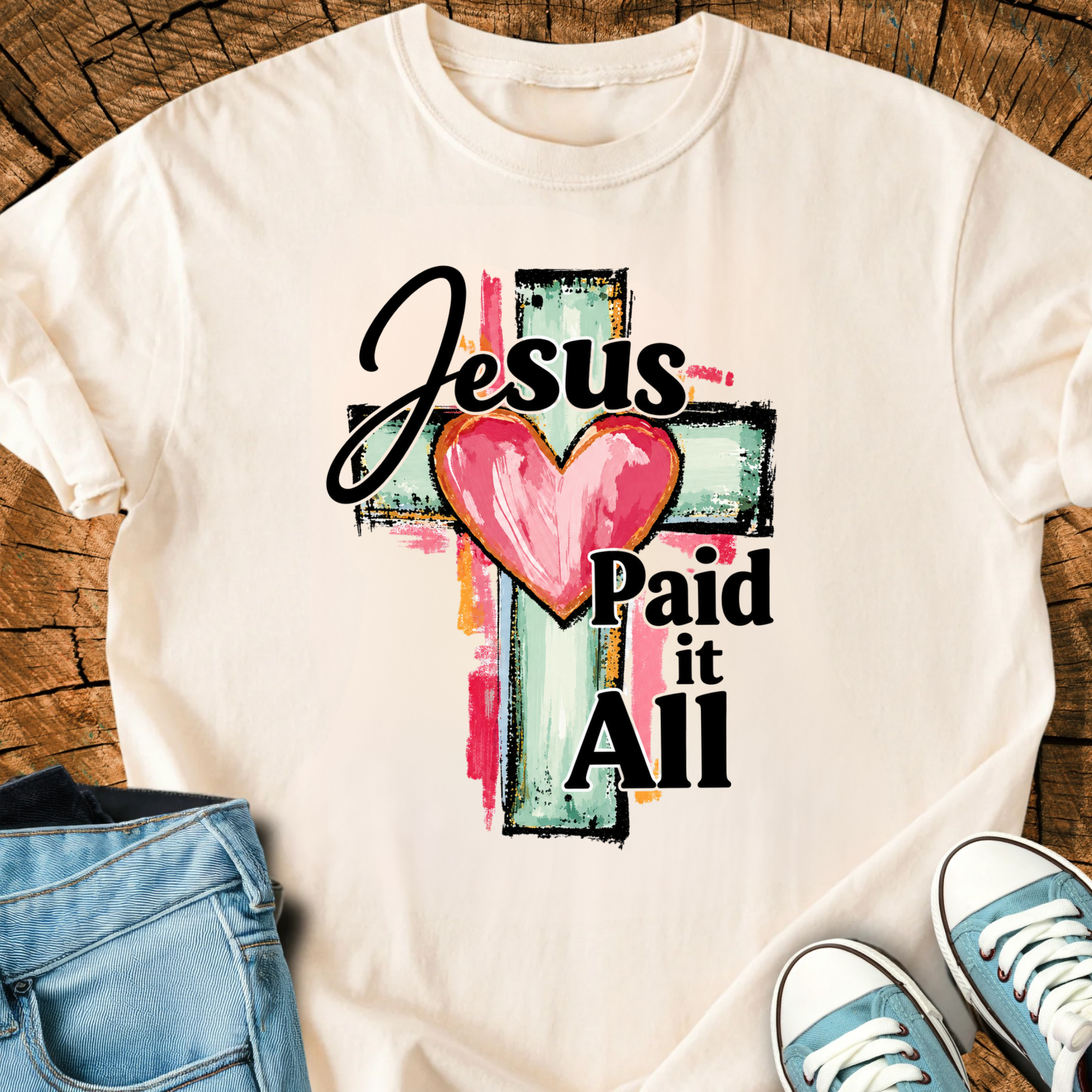 Comfort Colors Jesus Paid It All Shirt, Colorful Hand Drawn Brushstroke Cross Tee, Layered Paint Heart Graphic Top, Triche Treasures
