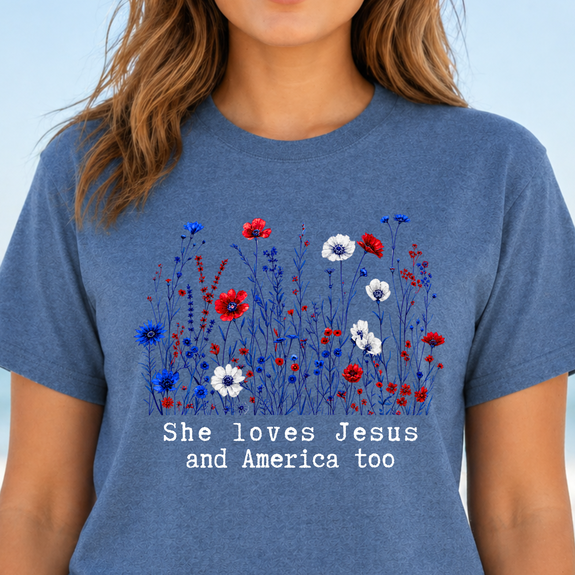 Comfort Colors She Loves Jesus And America Too Shirt, 4th of July 250th Anniversary Tee, Floral American Flag, Wildflowers Triche Treasures – Flo Blue, M