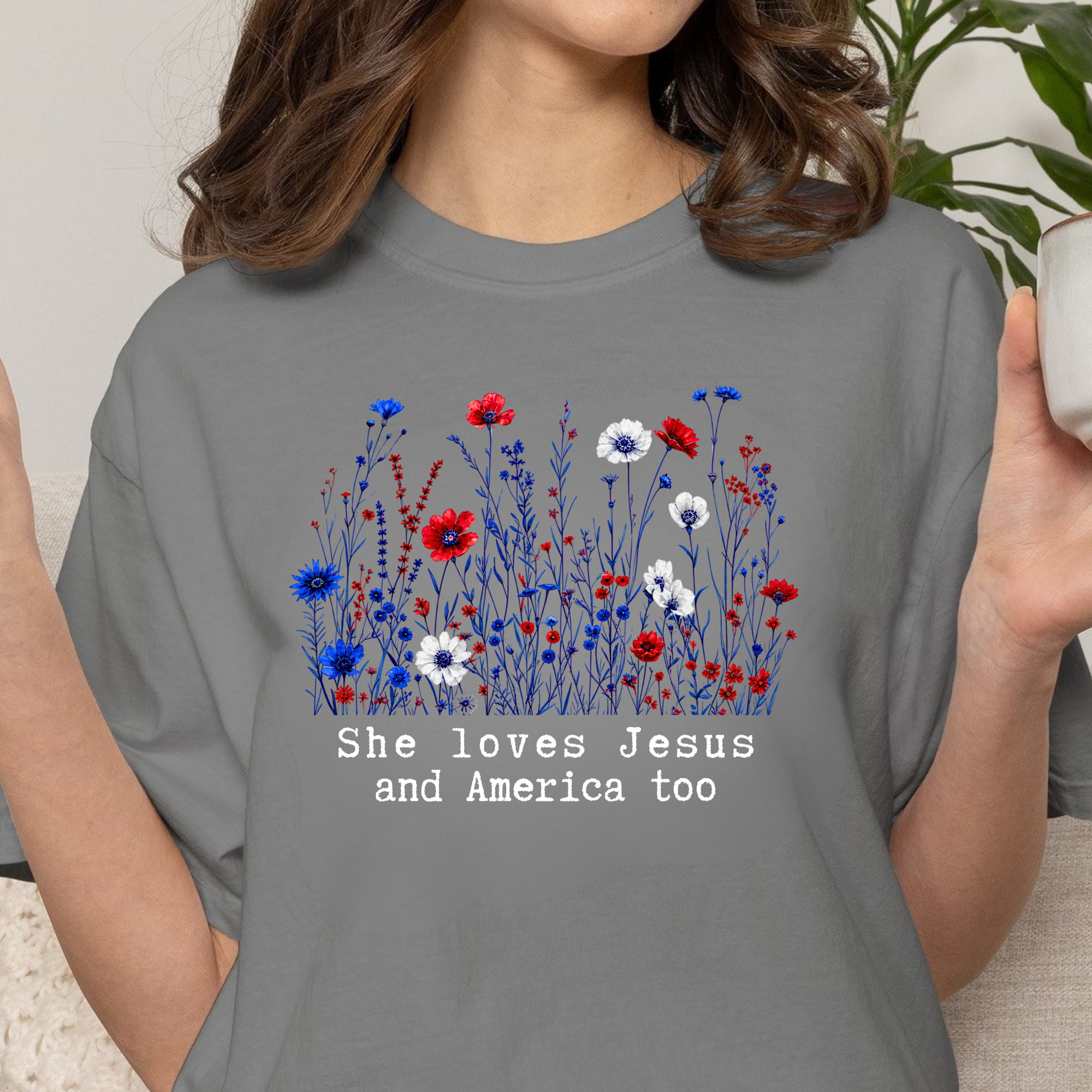 Comfort Colors She Loves Jesus And America Too Shirt, 4th of July 250th Anniversary Tee, Floral American Flag, Wildflowers Triche Treasures – Flo Blue, M