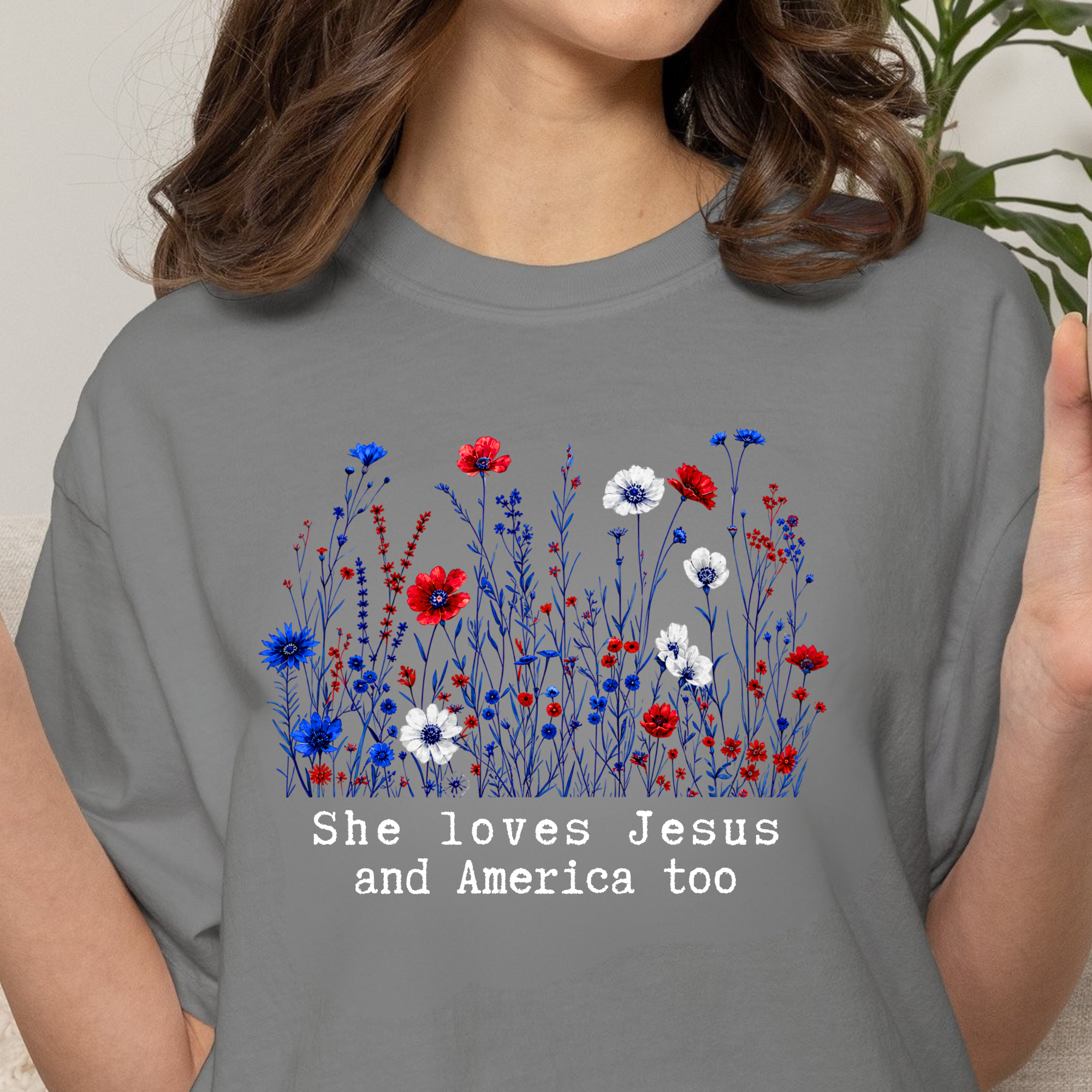 Comfort Colors She Loves Jesus And America Too Shirt, 4th of July 250th Anniversary Tee, Floral American Flag, Wildflowers Triche Treasures